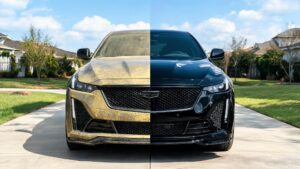 Realistic split comparison: conventional TPU PPF showing yellowing and aging on left side versus crystal clear PCU PPF on right side of a luxury sedan after years of sun exposure.