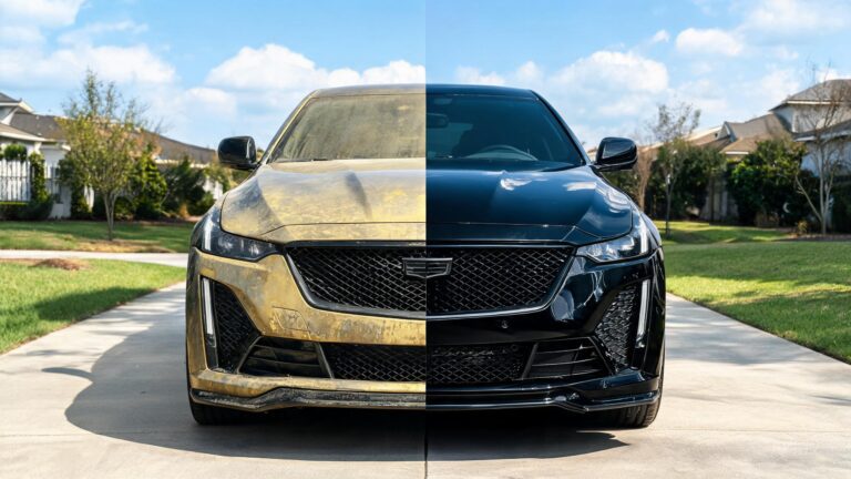 Realistic split comparison: conventional TPU PPF showing yellowing and aging on left side versus crystal clear PCU PPF on right side of a luxury sedan after years of sun exposure.