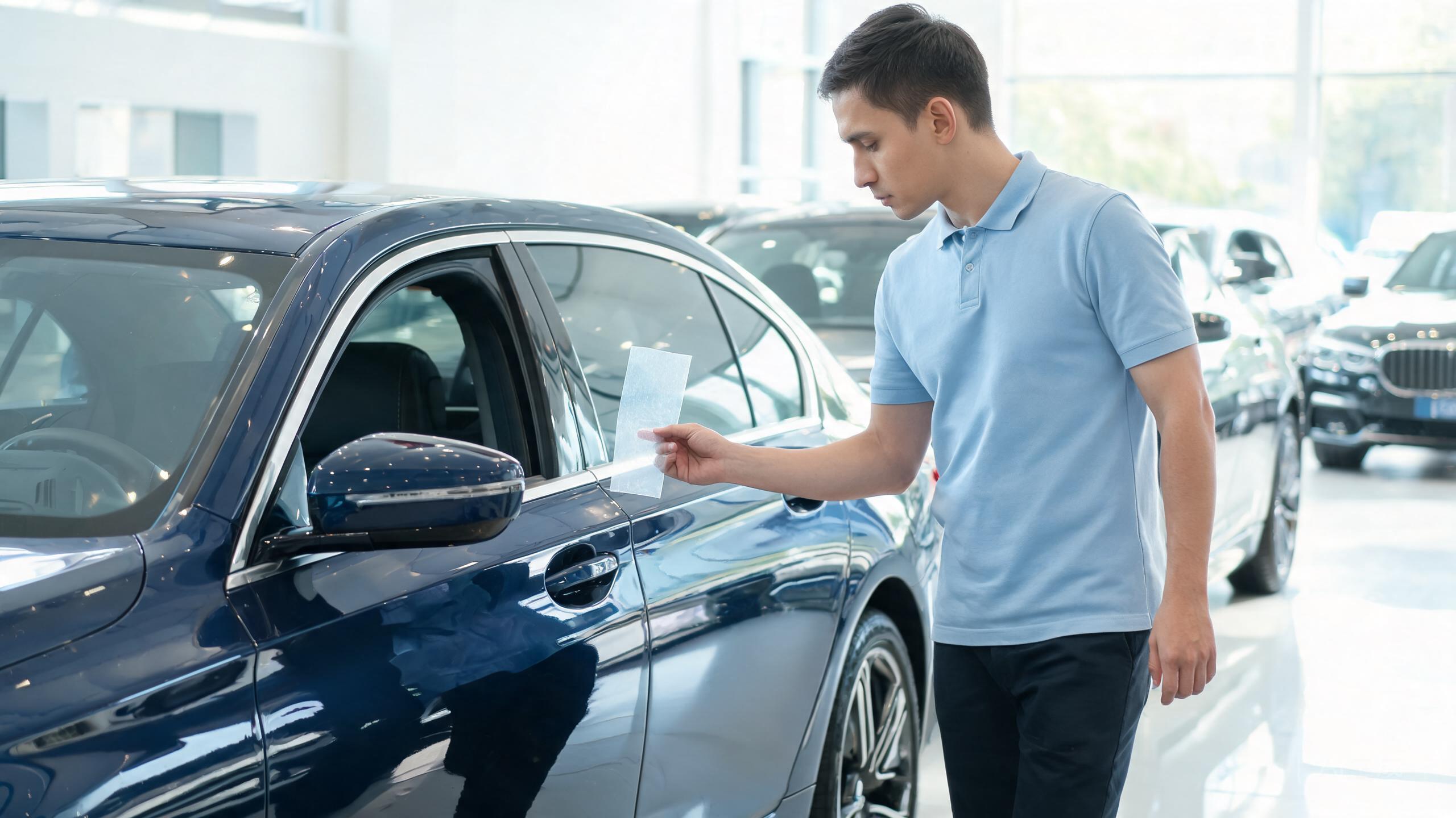 Car owner comparing a paint protection film swatch against a luxury car