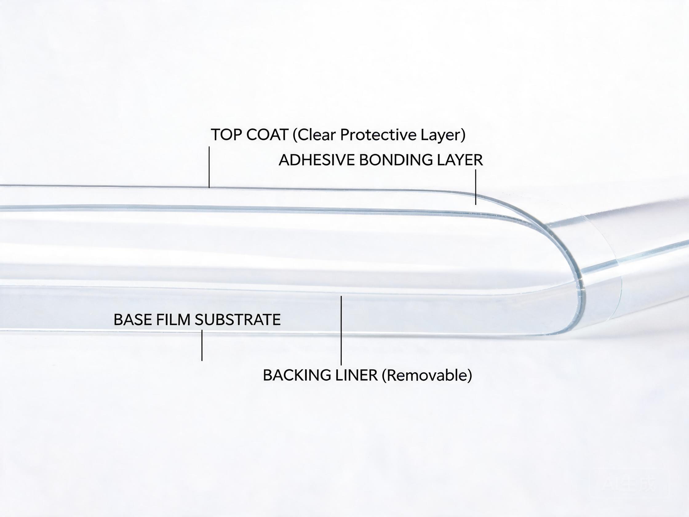 Edge-on view of a transparent PPF sheet showing its layered film construction
