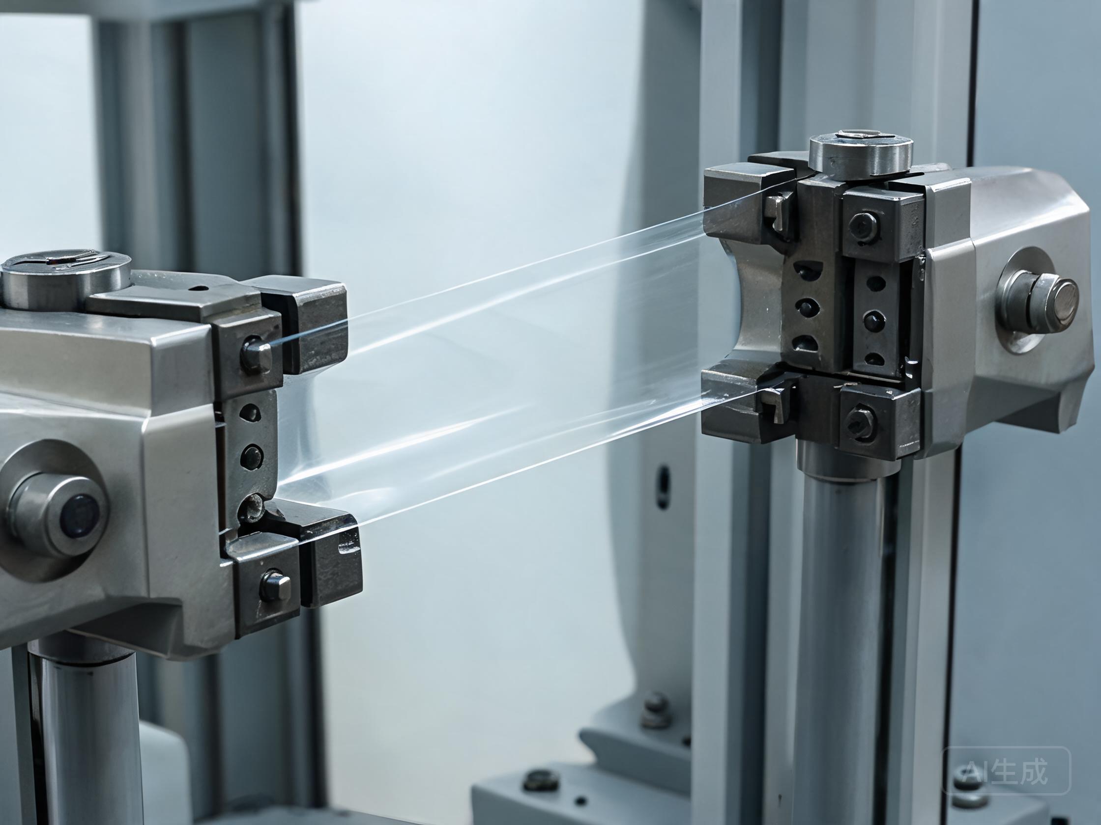 Transparent PPF specimen held in a tensile testing machine for strength measurement