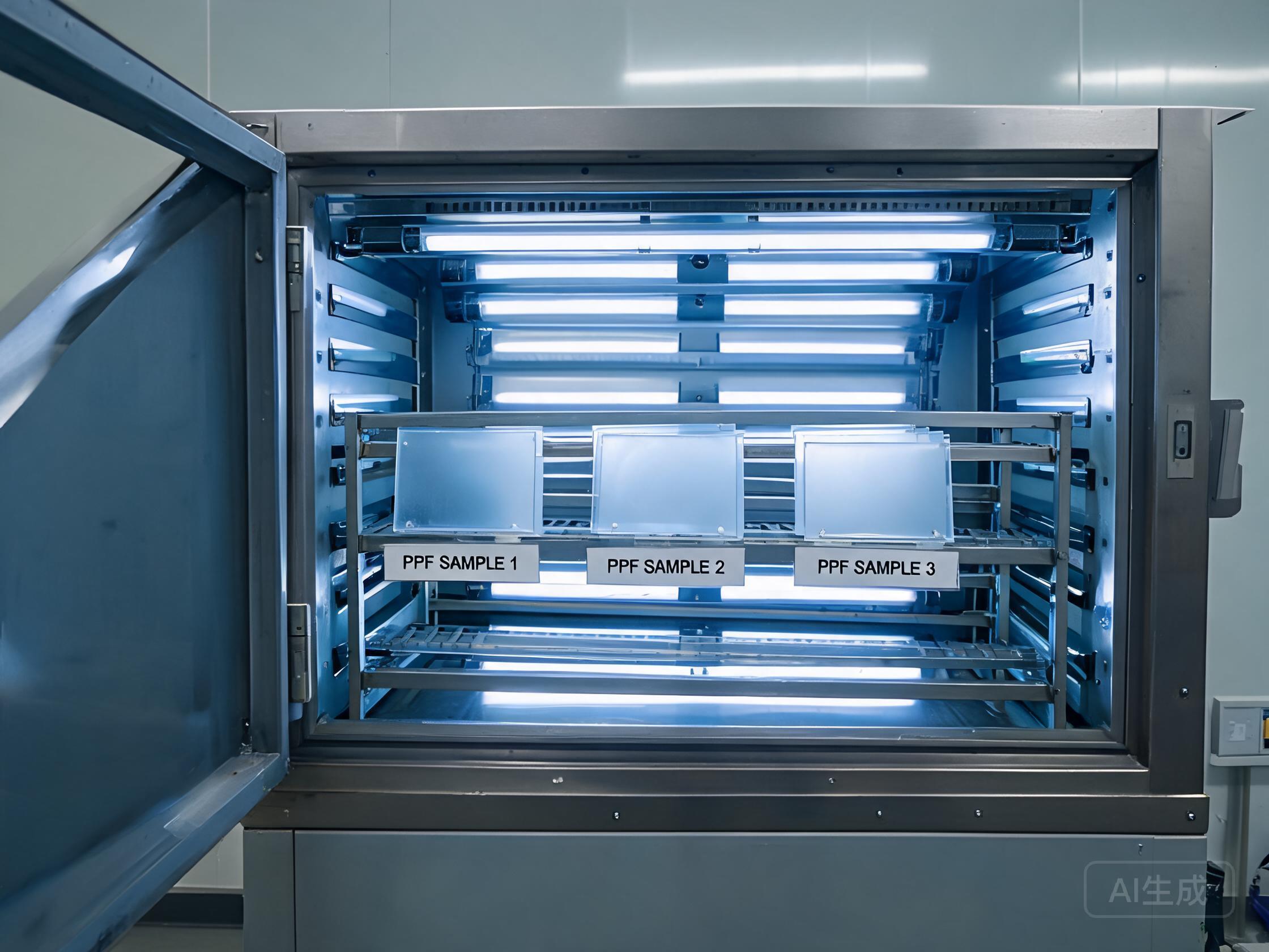 Transparent PPF sample panels mounted in a UV weathering chamber