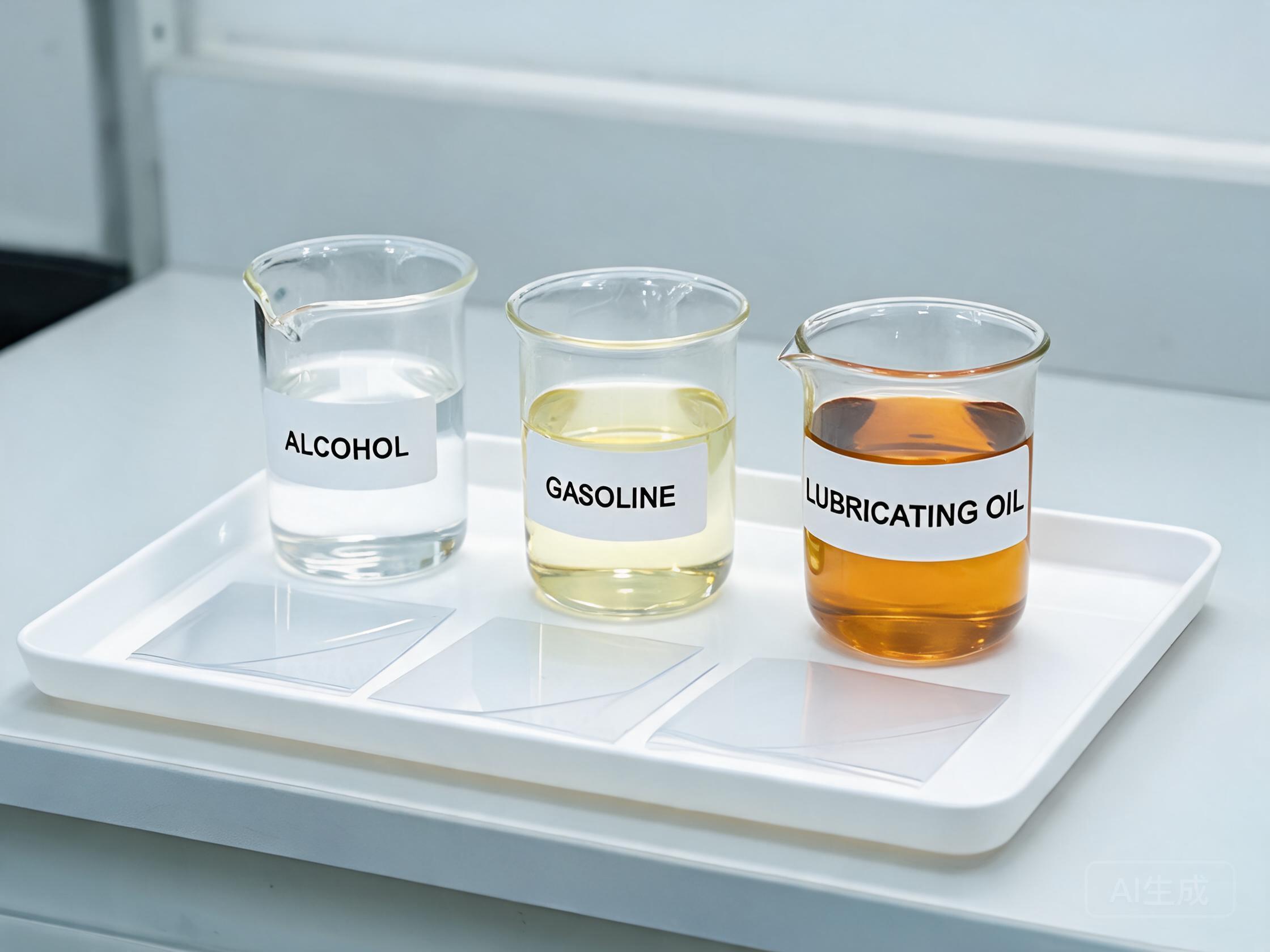 Glass containers of alcohol, gasoline and lubricating oil beside PPF sample strips