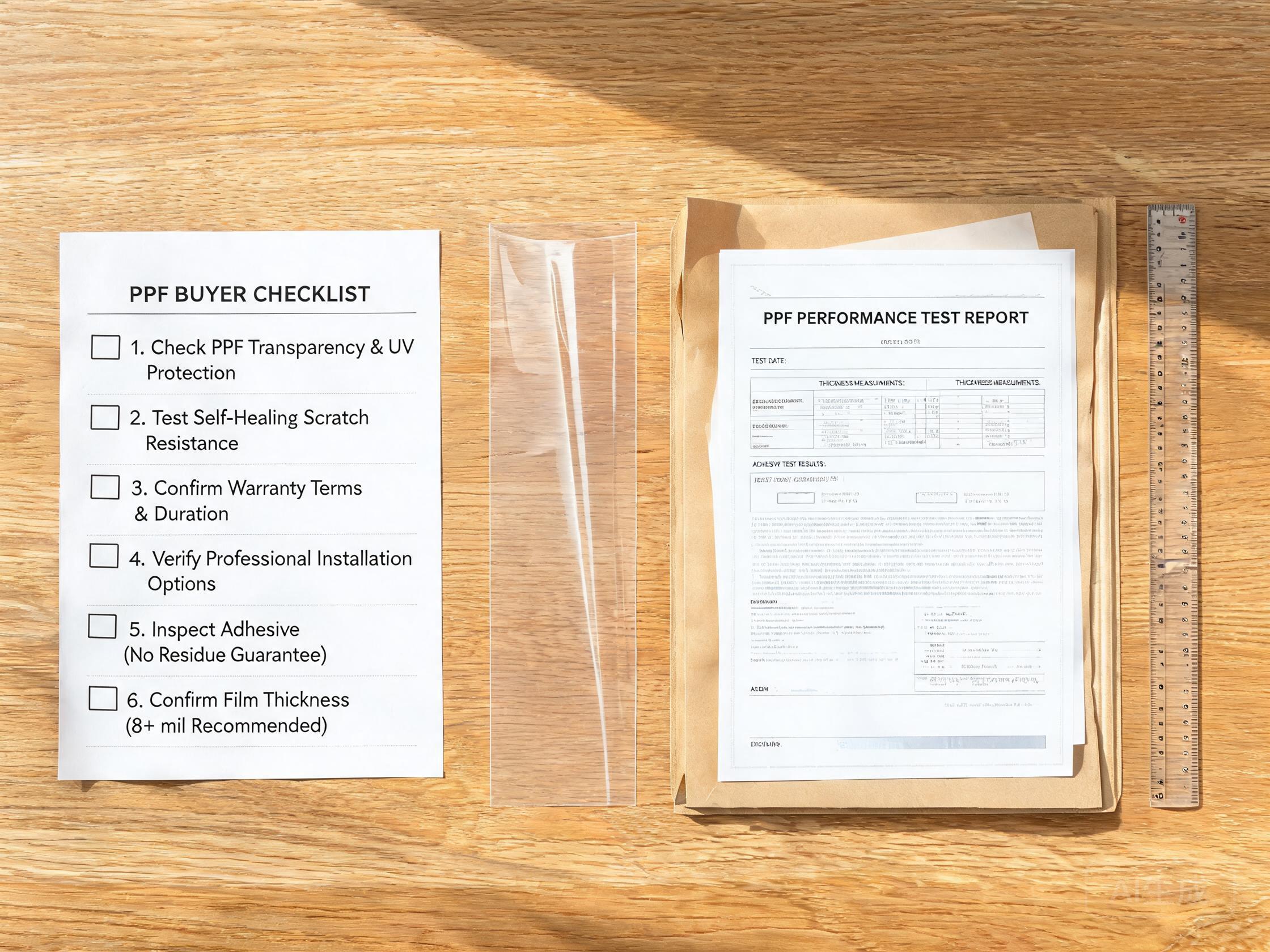 Buyer checklist, PPF sample strip and testing report folder on a desk