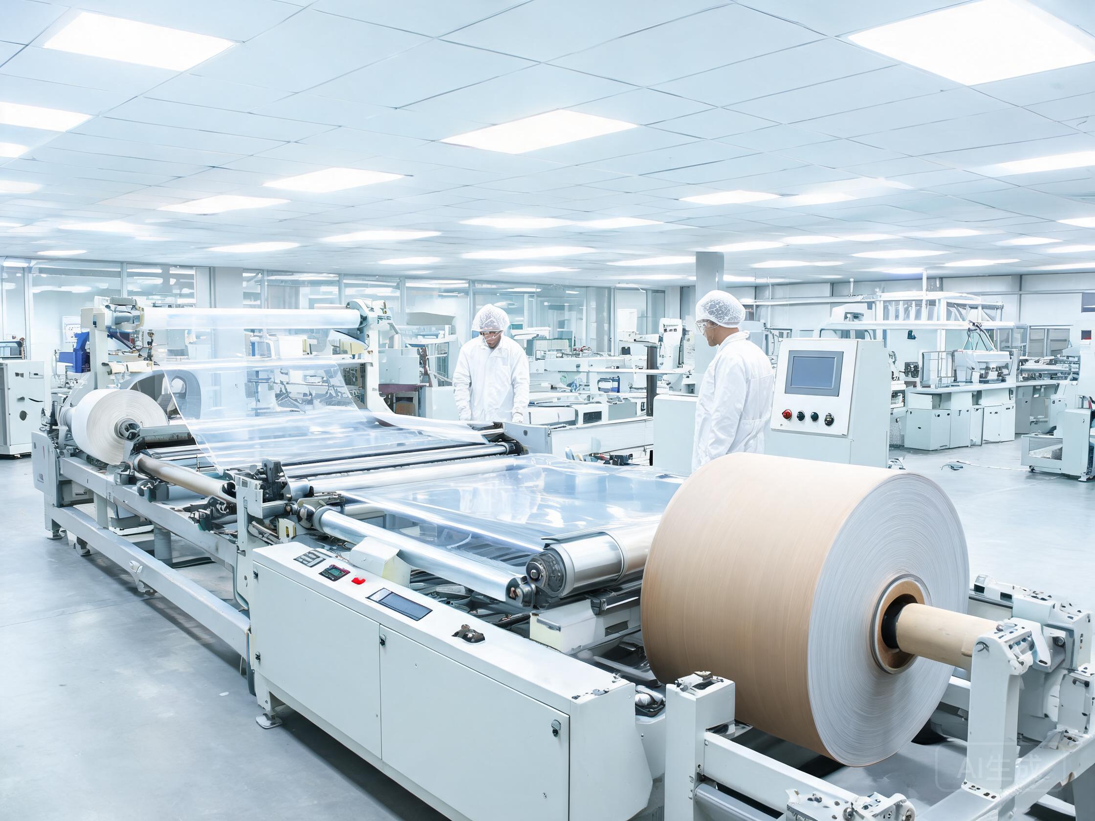 Coating machine winding clear film onto a large roll inside a PPF factory