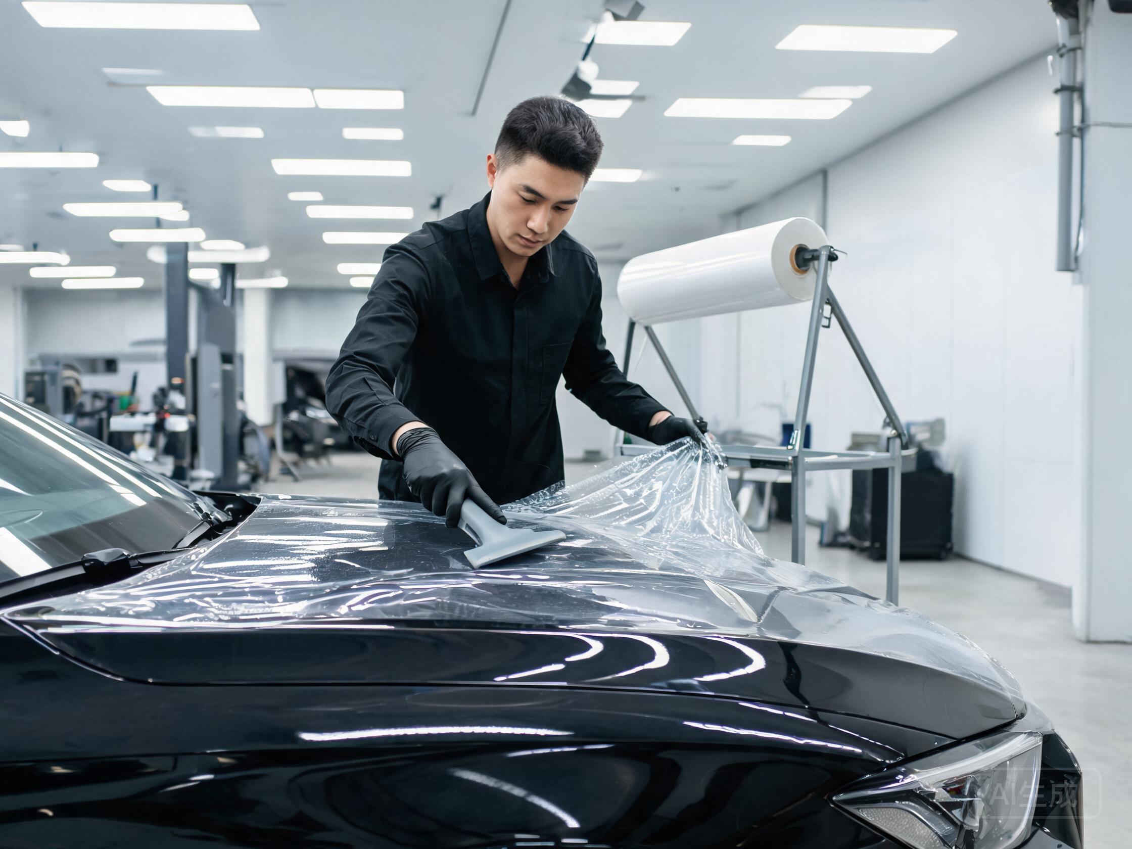 Installer applying clear PPF to a car hood with a squeegee in an auto shop
