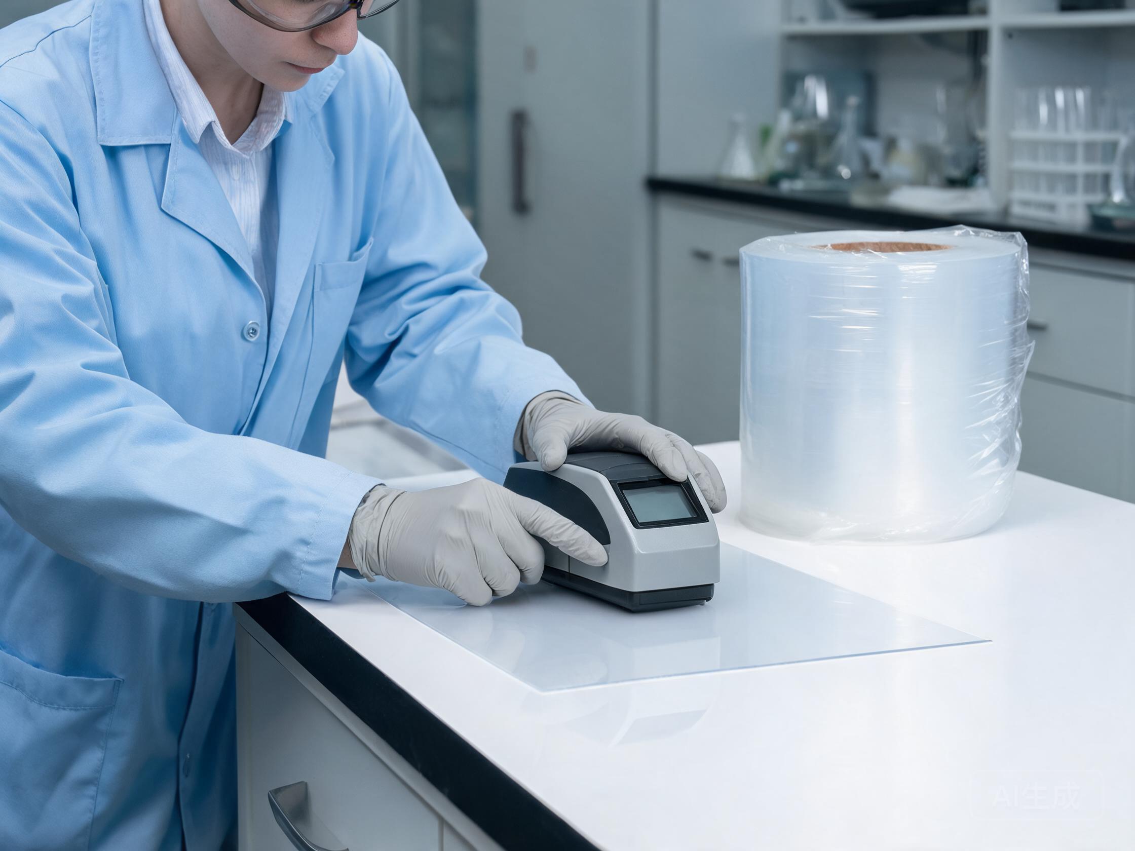Technician measuring film surface gloss with a gloss meter in a lab