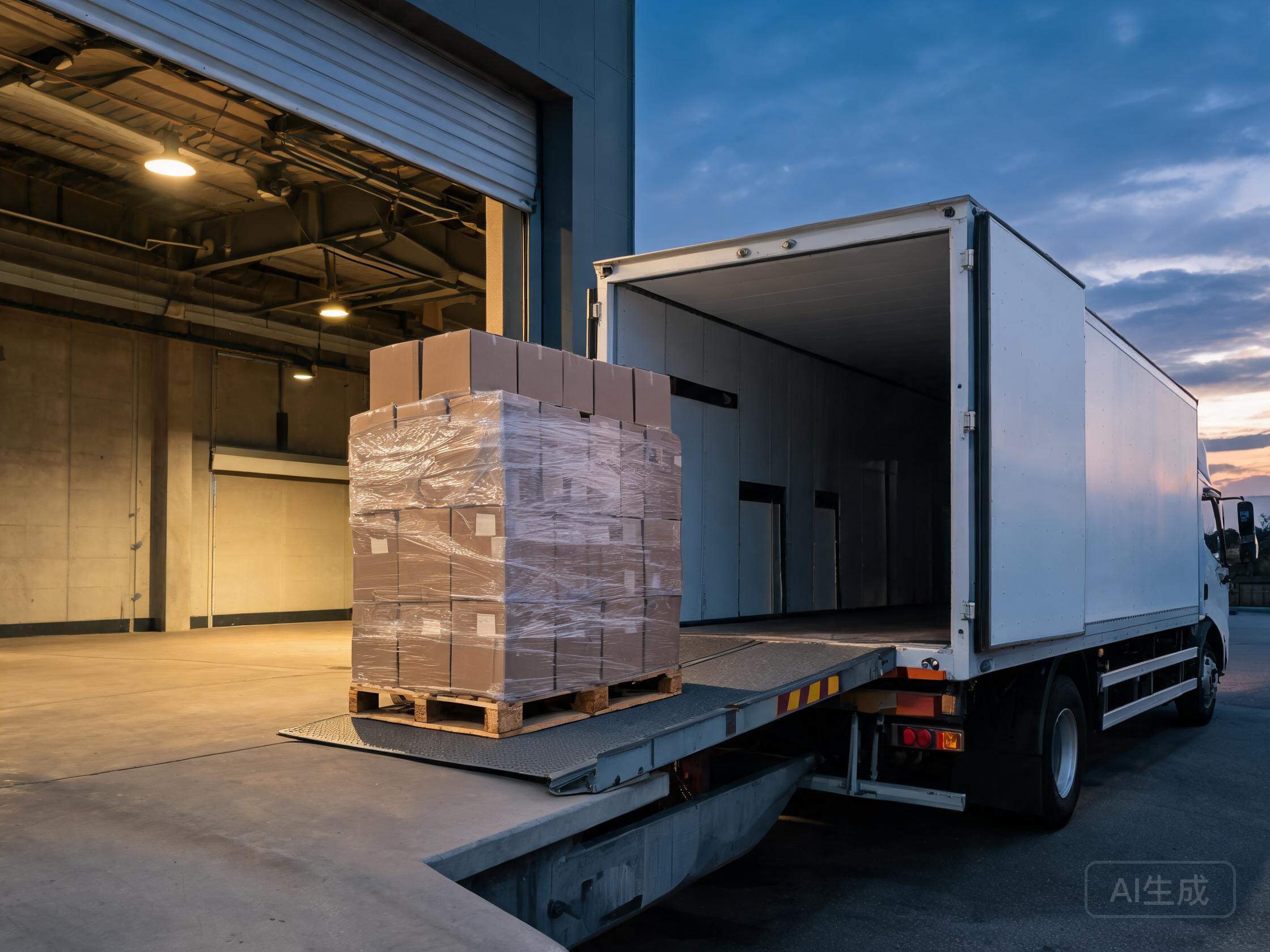 Pallet of film cartons loaded through a warehouse dock connecting factory to distributor