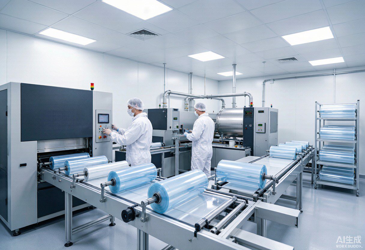 Modern PPF manufacturing facility clean room with workers and machinery