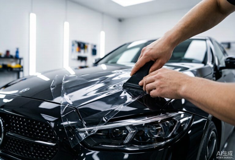 Professional installer applying paint protection film to a luxury car hood in a clean workshop