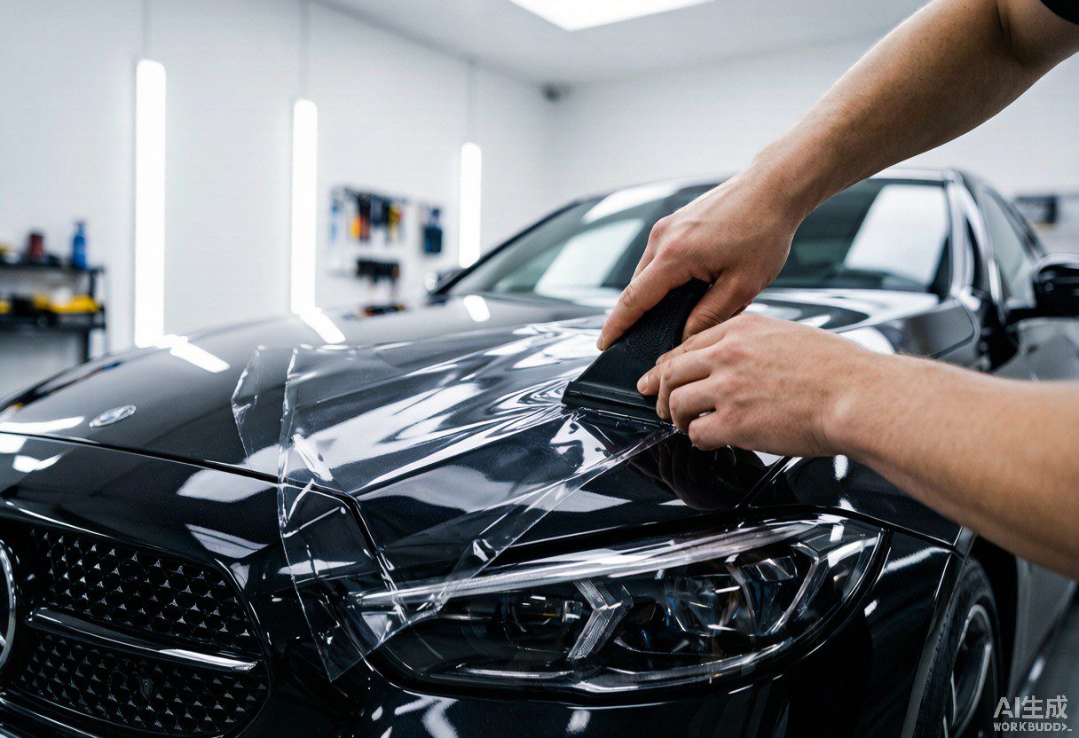 Professional installer applying paint protection film to a luxury car hood in a clean workshop
