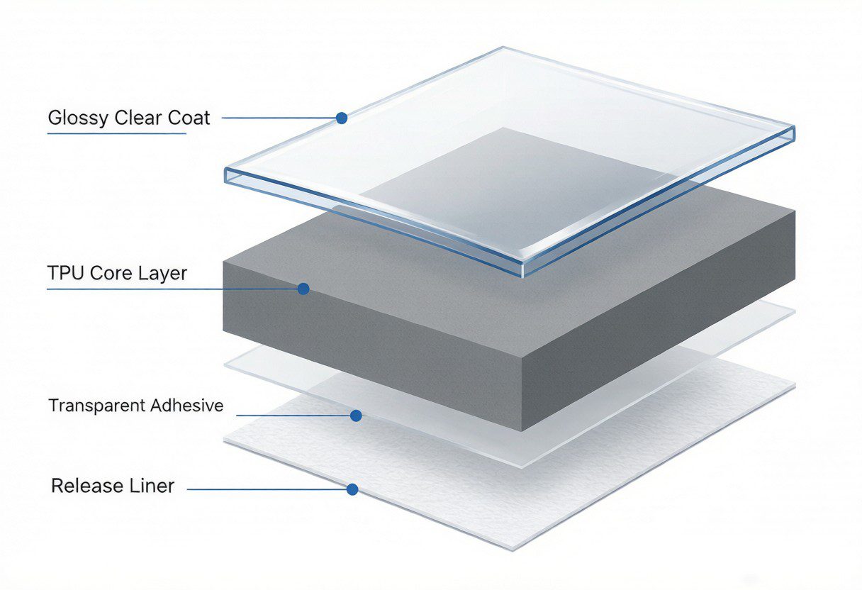 Technical cross-section diagram showing the four layers of paint protection film