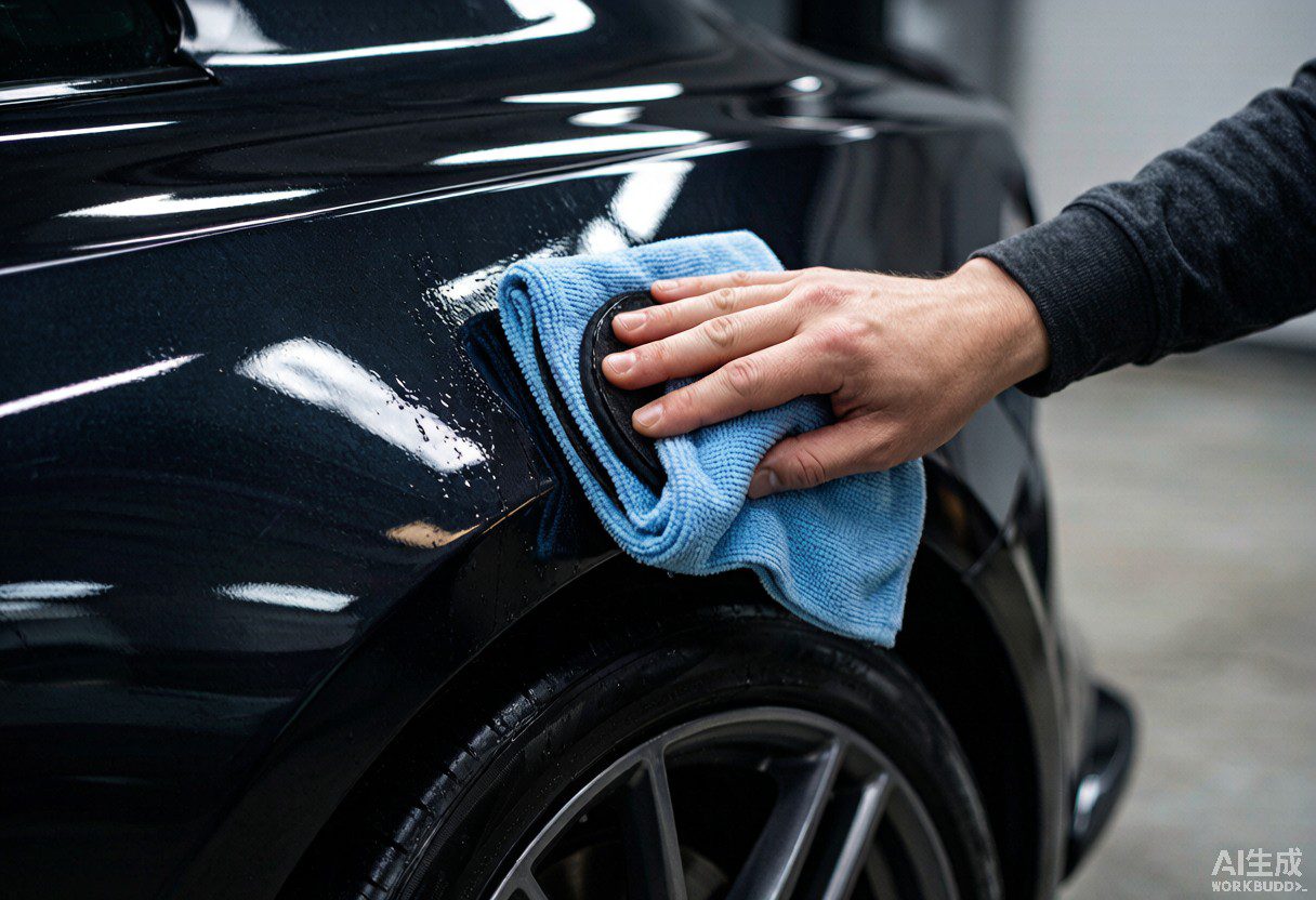 Detailer wiping liquid ceramic coating onto a dark car paint panel with a microfiber towel