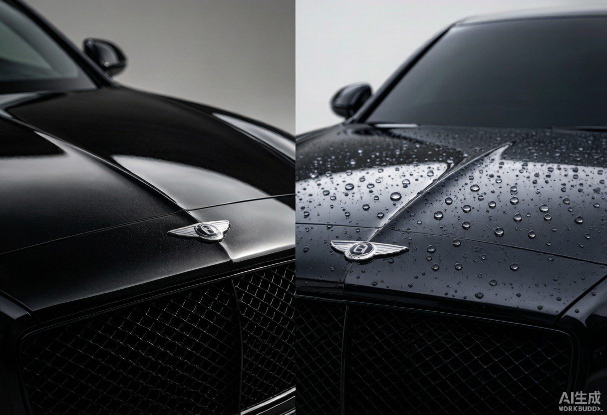 Side by side comparison of two luxury car hoods, left with PPF, right with ceramic water beading