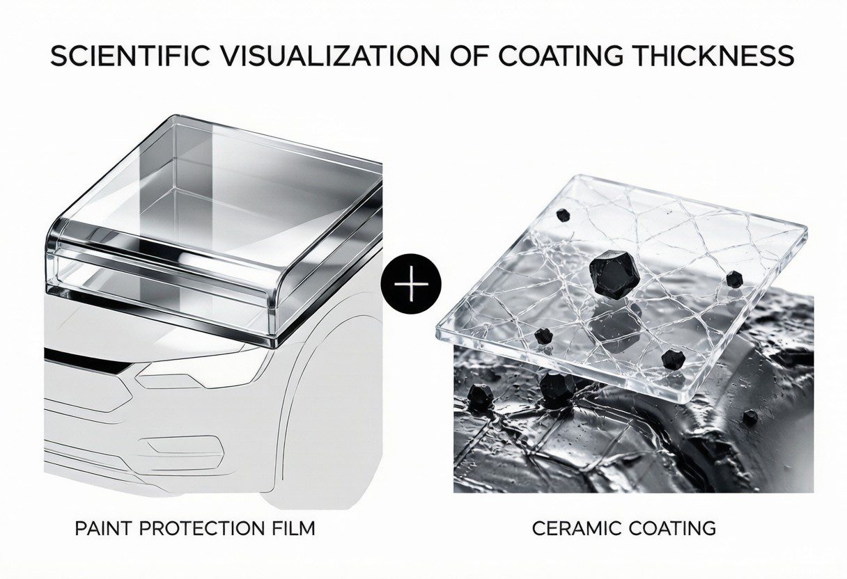 Cross-section infographic comparing paint protection film thickness versus ceramic coating layer thickness