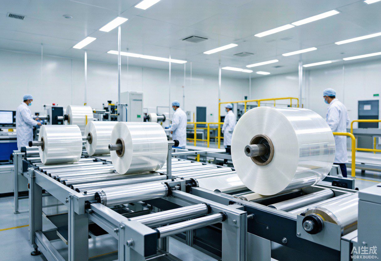 TPU PPF film production line inside a clean factory with workers and automated conveyor machinery
