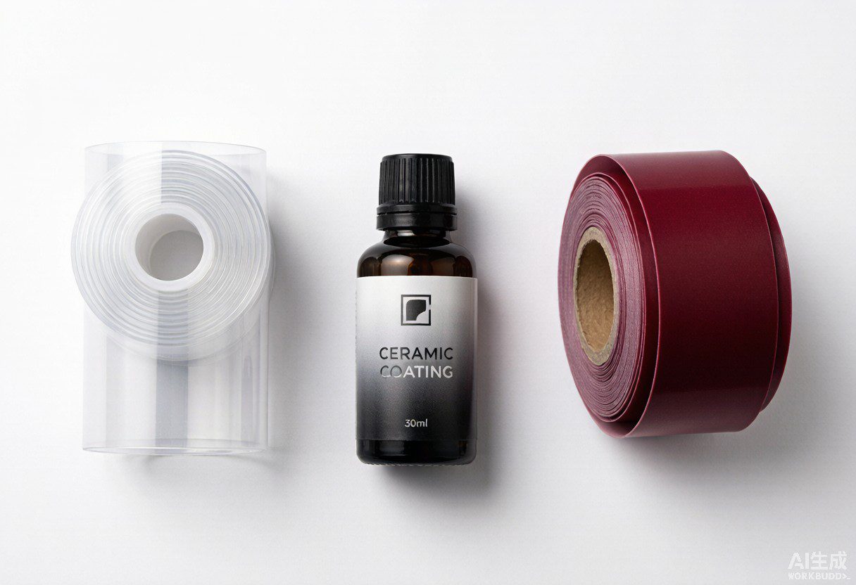 PPF film roll, ceramic coating bottle and vinyl wrap roll lined up for B2B distributor comparison