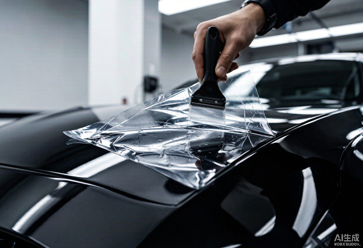 Professional installer applying clear paint protection film to a black car hood in a clean workshop