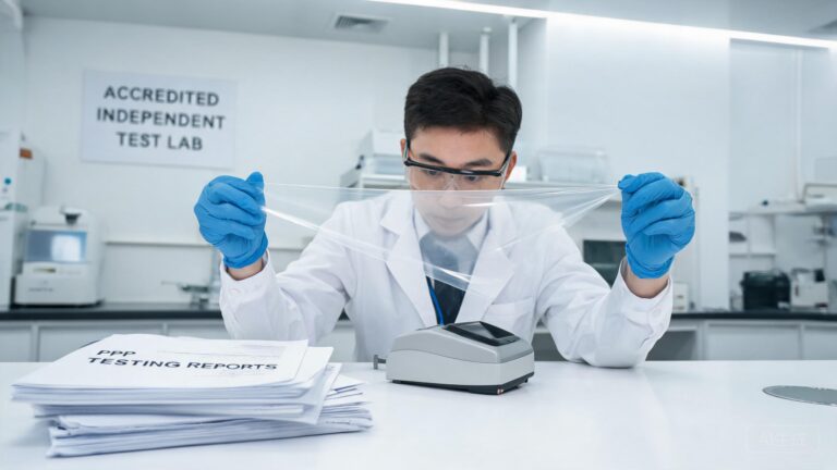 PPF specimen shown in an independent testing laboratory alongside written test documents and a gloss instrument