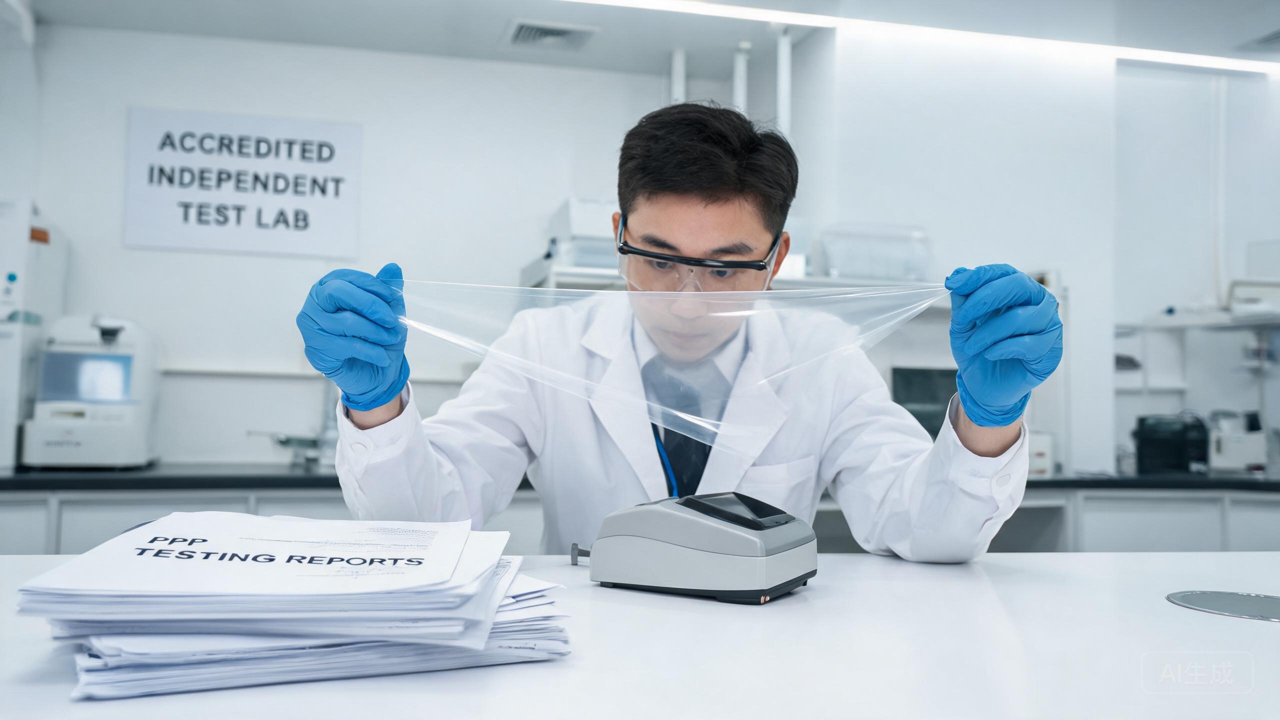 PPF specimen shown in an independent testing laboratory alongside written test documents and a gloss instrument
