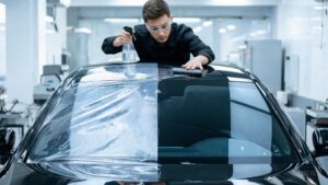 Professional installer applying a transparent paint protection film to a luxury sedan hood