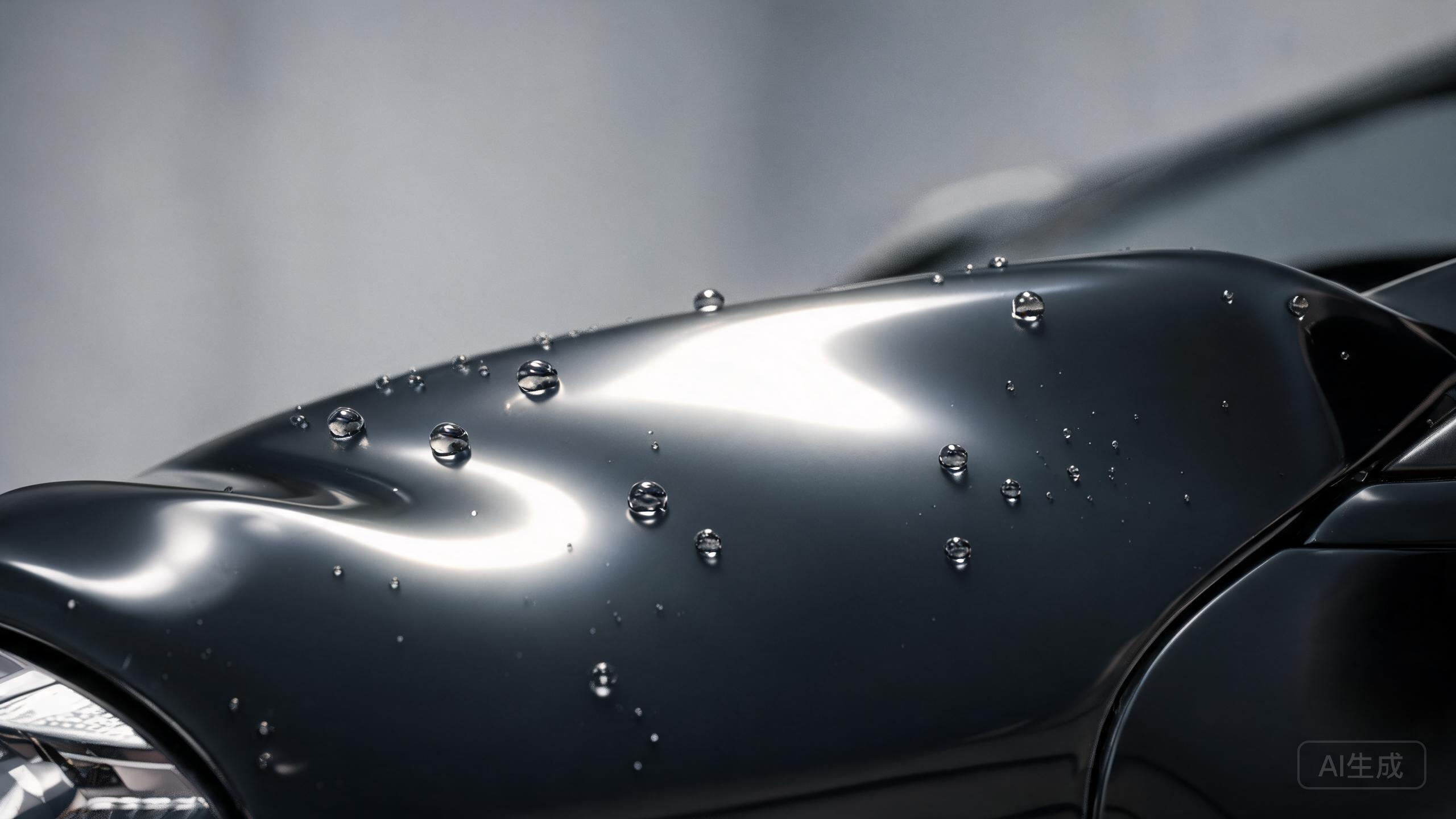 Water beads on a hydrophobic paint protection film surface showing clear gloss