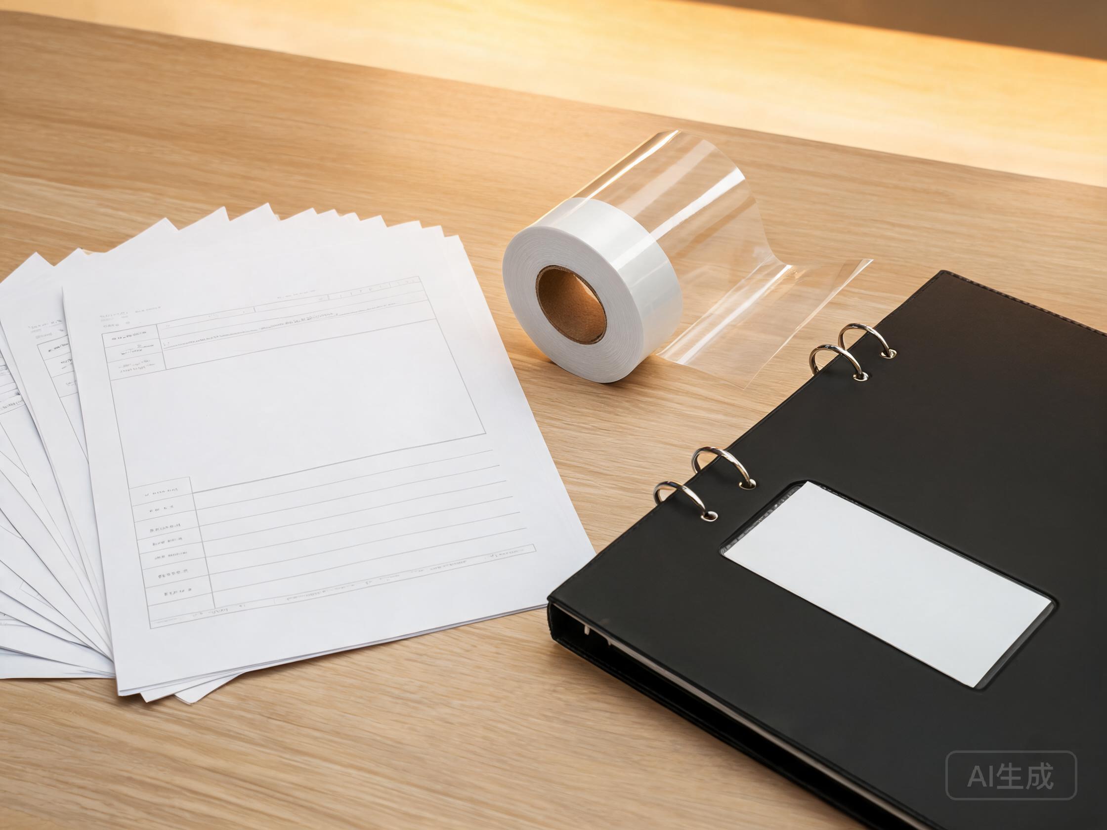 Certificate and test report sheets fanned out beside a clear PPF sample roll for compliance evidence