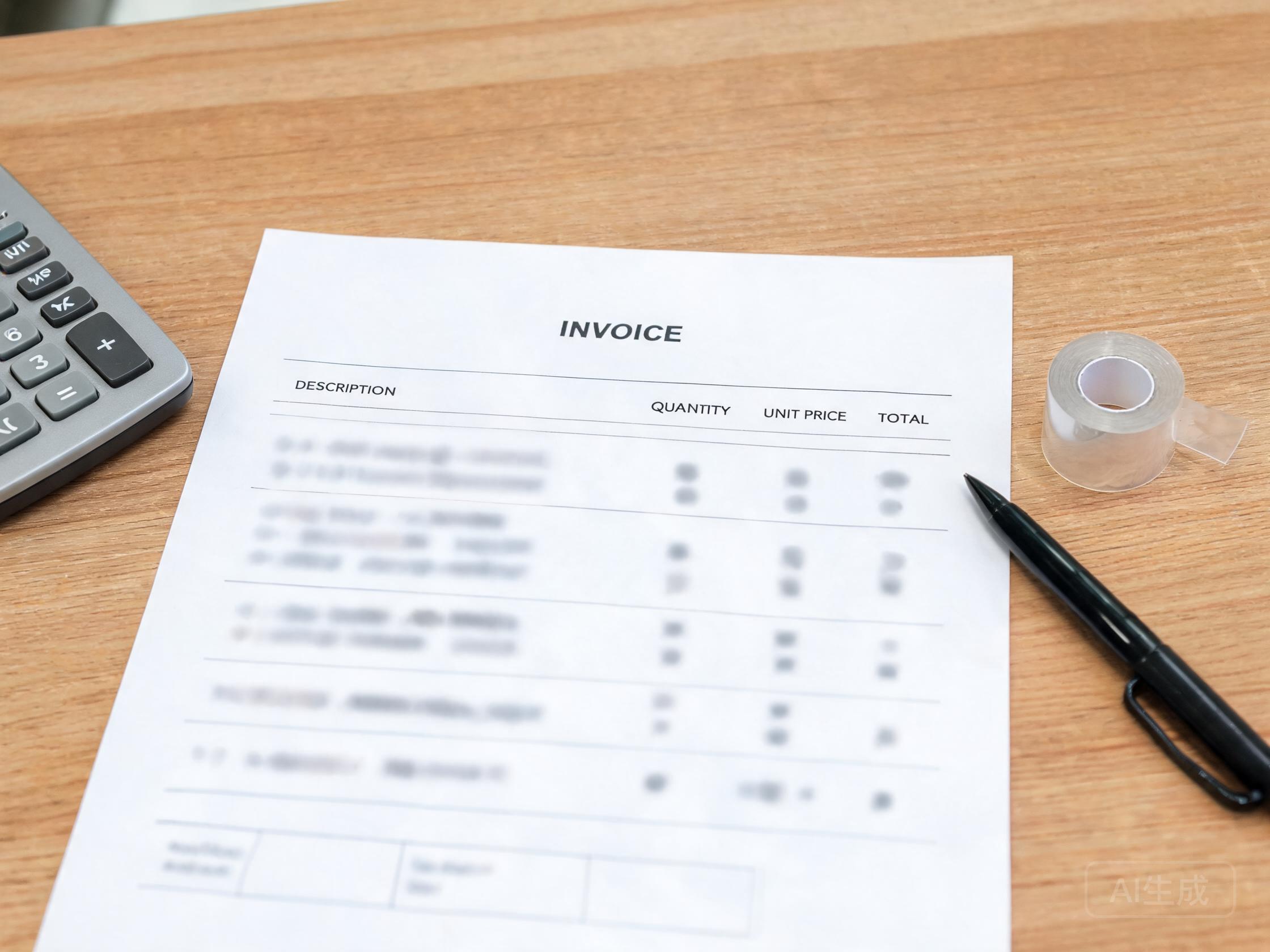 Commercial invoice sheet on a desk beside a clear film sample roll and calculator for value review
