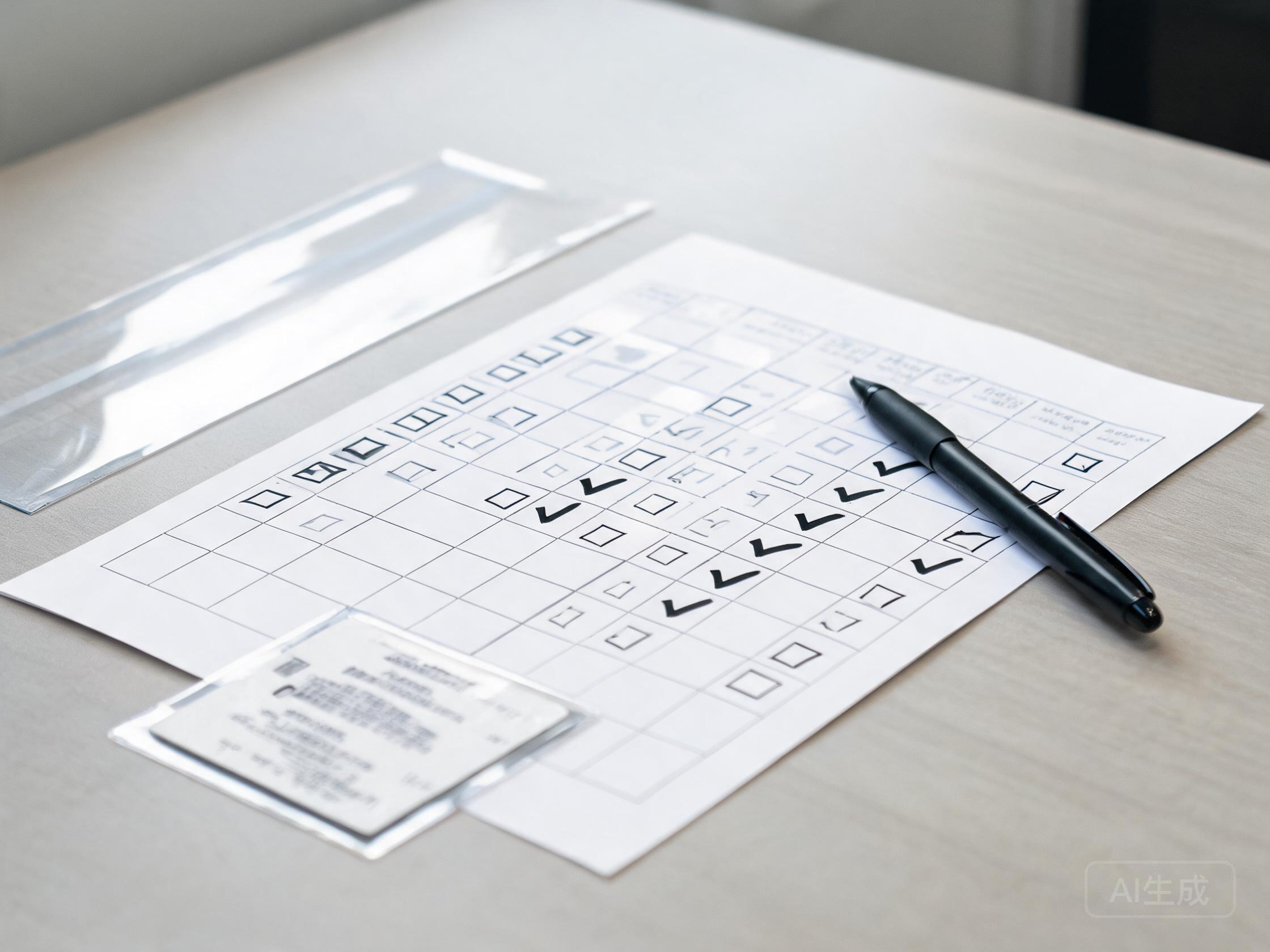 Filled document checklist matrix with a pen and clear film sample strip on a trade coordinator desk