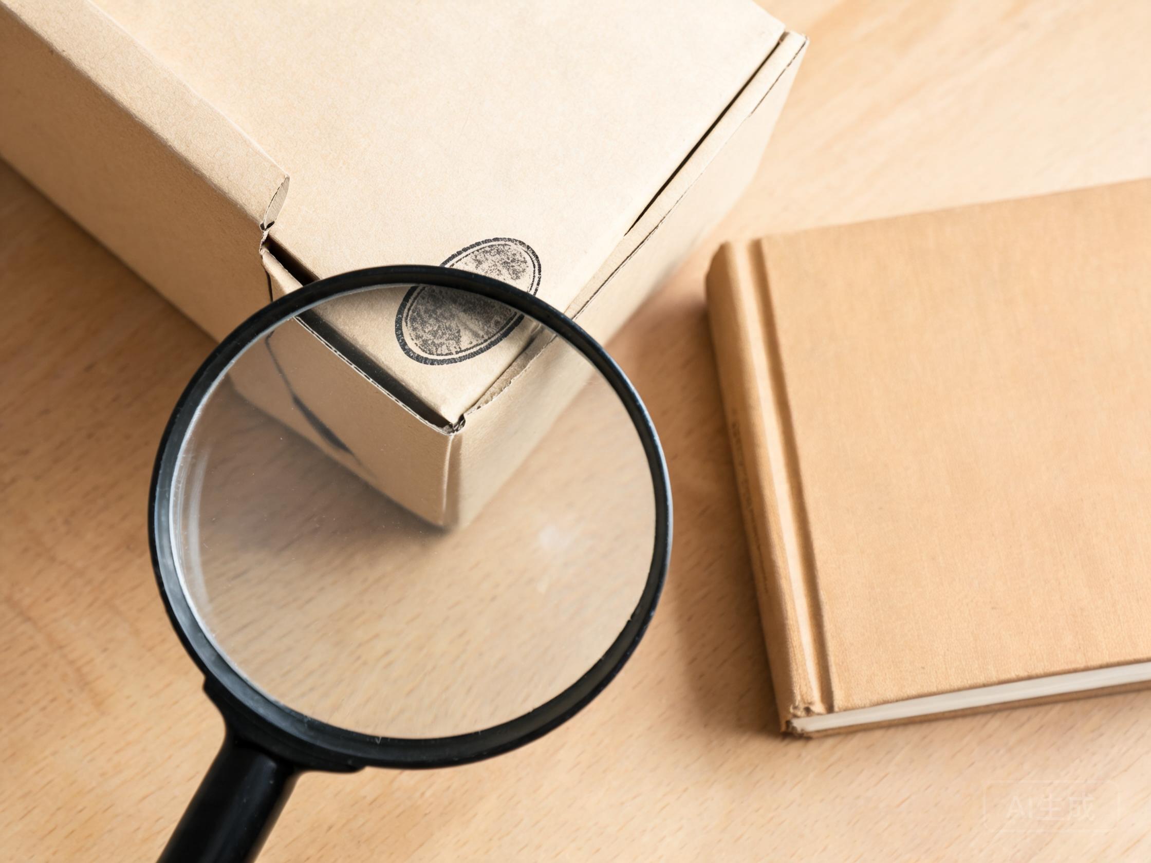 Magnifier examining an origin stamp on a PPF film carton corner with a tariff reference book nearby