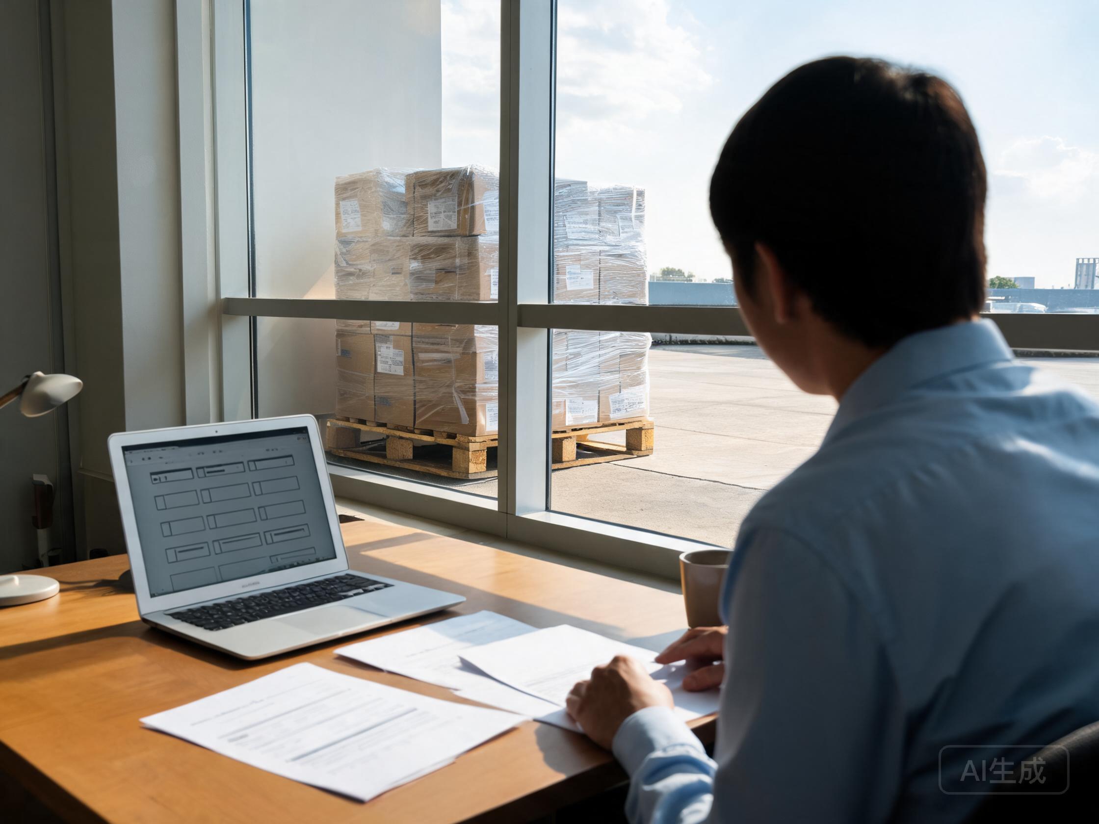 Export coordinator reviewing shipping documents with wrapped PPF cartons visible through the window