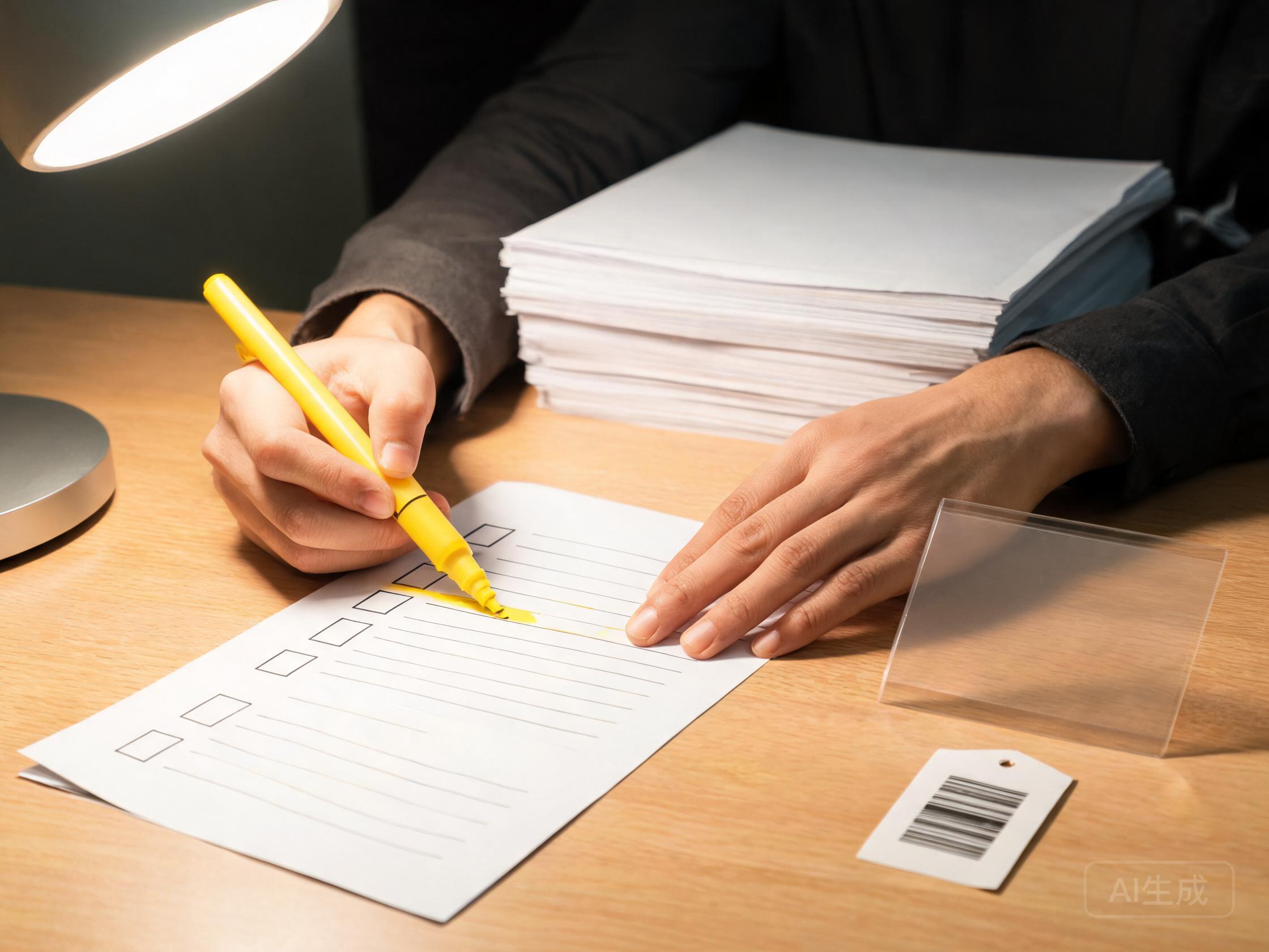 Buyer cross-checking PPF import documents against a paper checklist with a highlighter