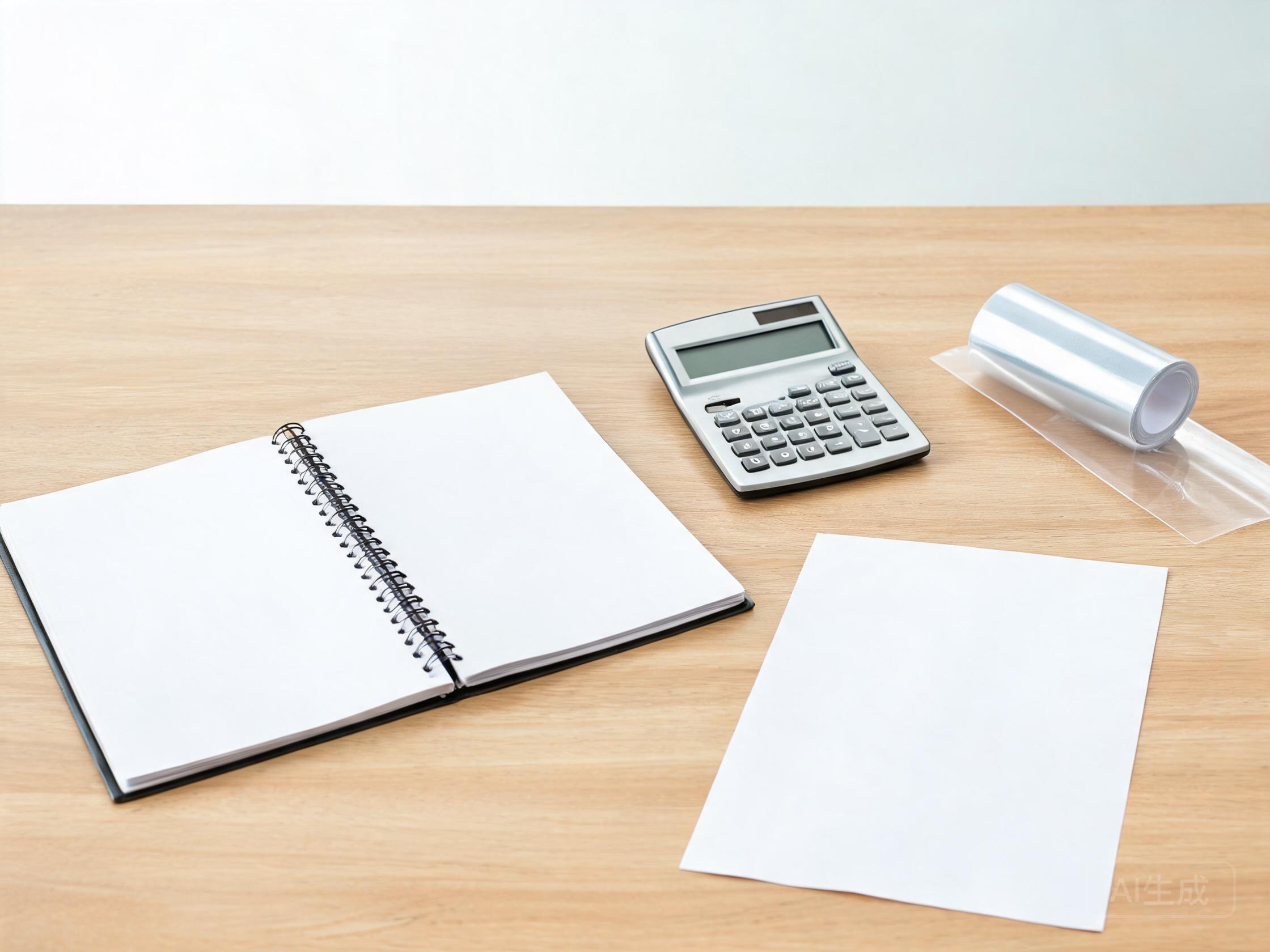 Calculator, notebook and film sample roll on a desk for a landed-cost model