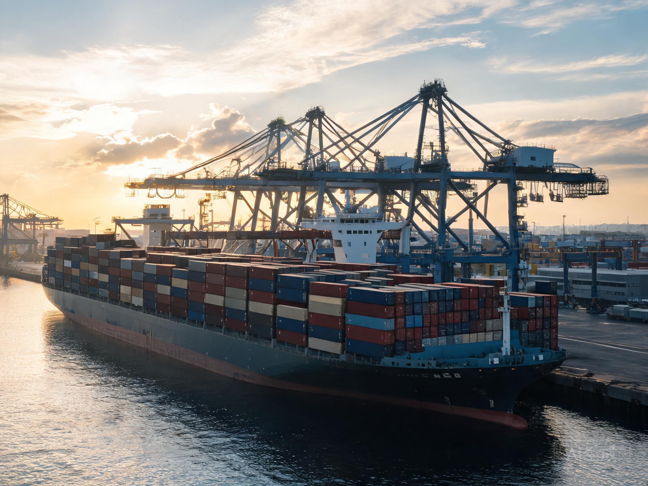 Container ship with loaded containers at a cargo terminal