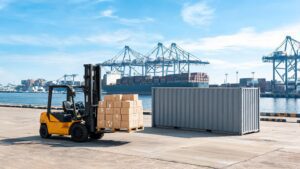 Container vessel and dock with palletized PPF film cartons for ocean freight
