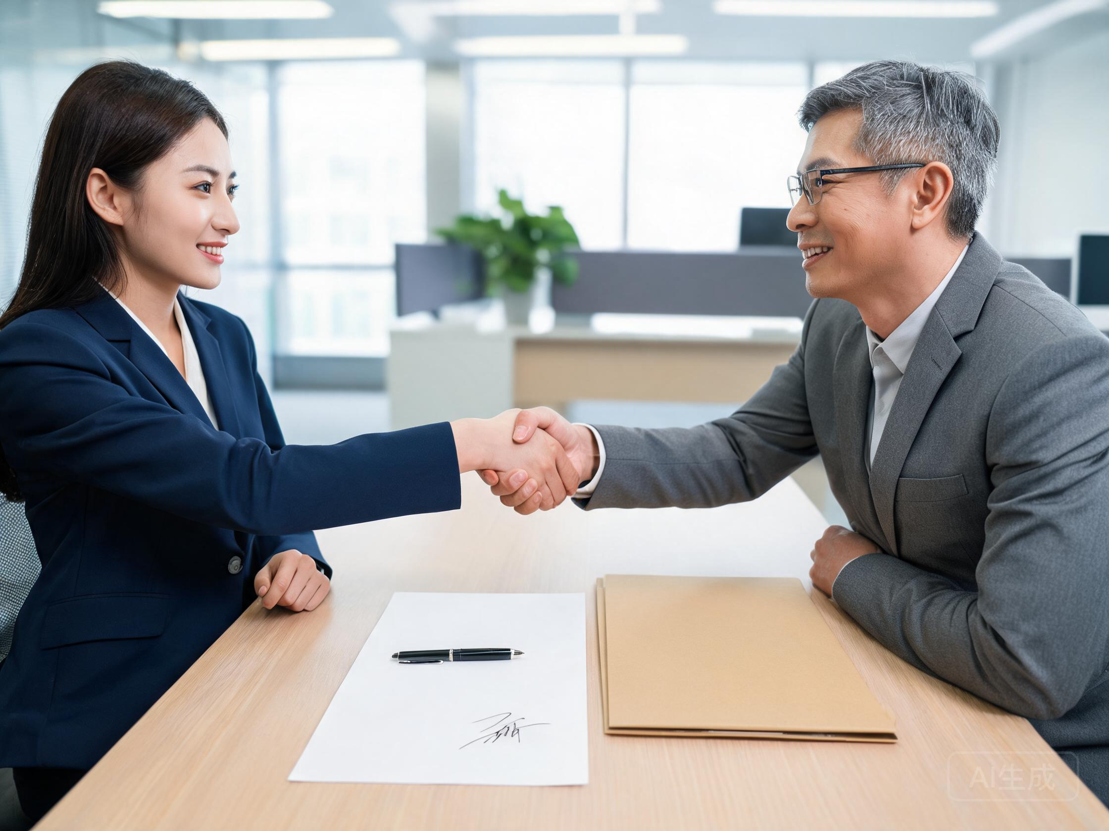 Two business people shaking hands over a signed contract and bank folder
