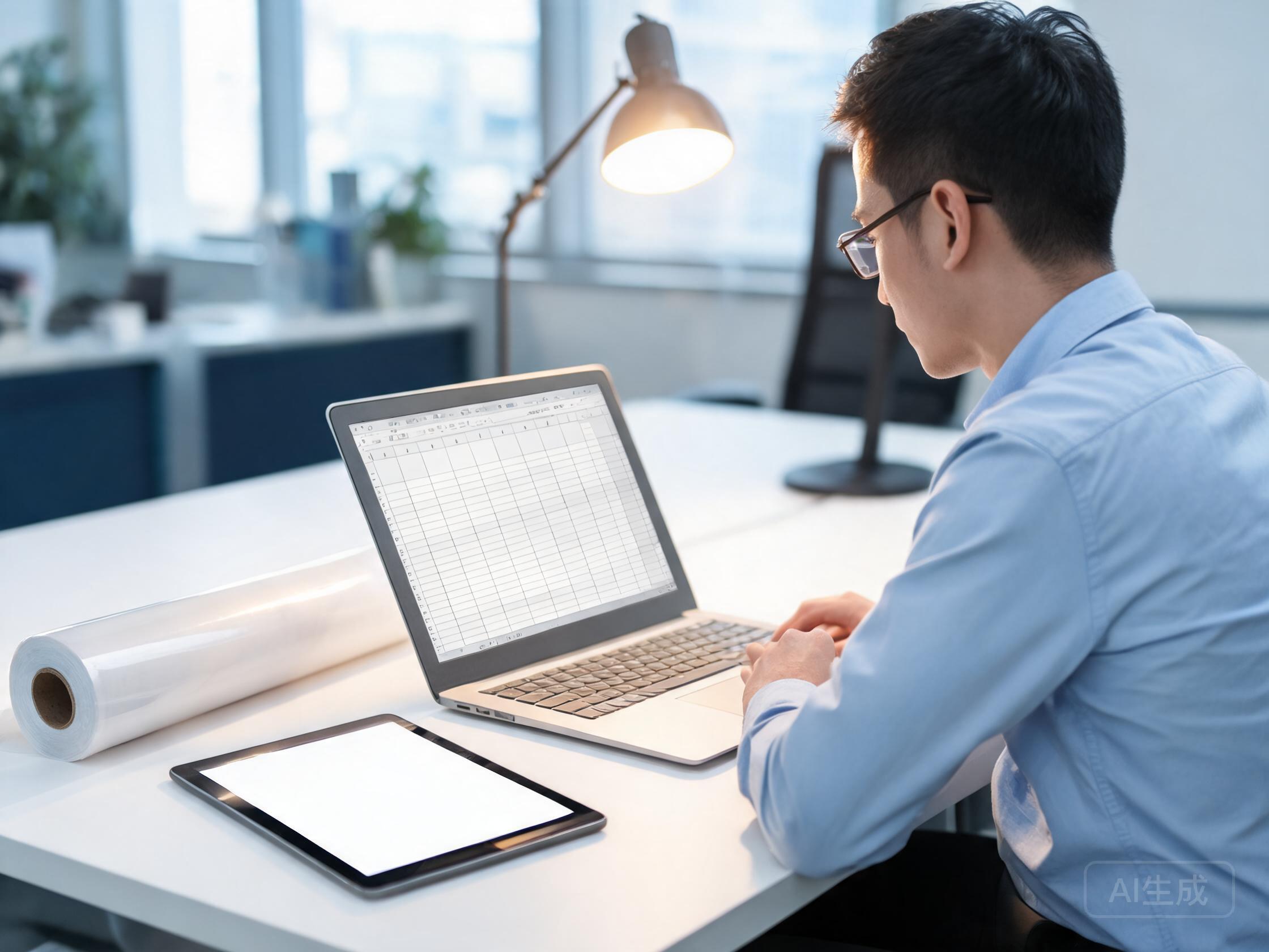 Finance analyst working on a cost spreadsheet beside a PPF sample roll