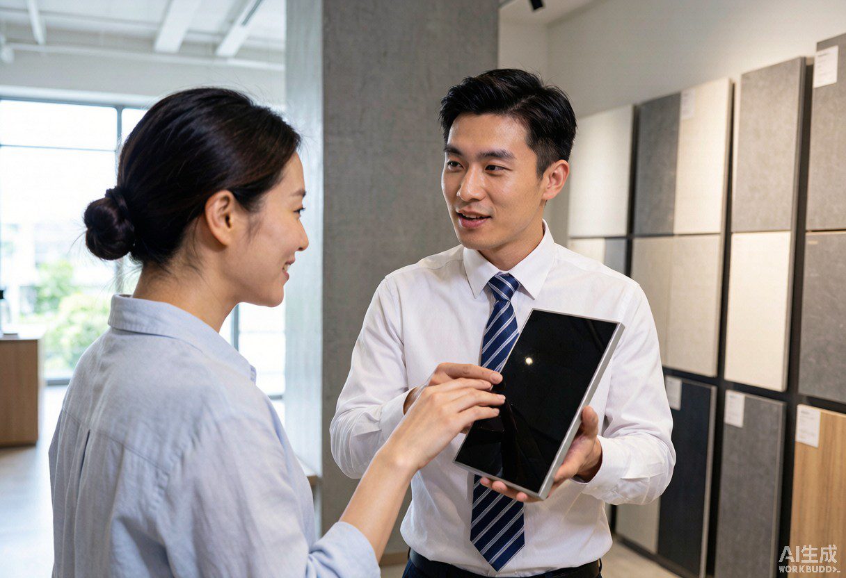 Salesperson showing PPF film samples to a car dealer in an automotive showroom