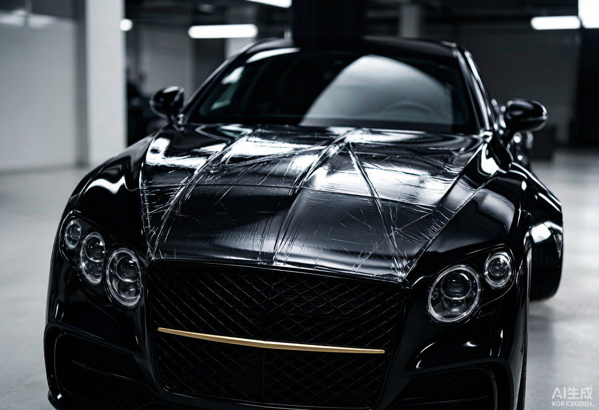Clear paint protection film stretched over a black luxury car hood demonstrating durability