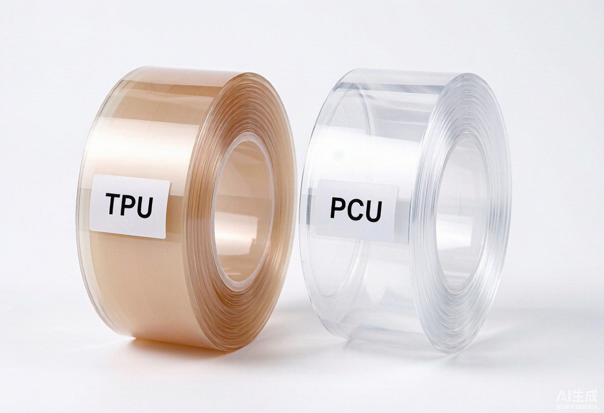 Two PPF film rolls side by side, TPU with slight amber tint and PCU with crystal clear transparency