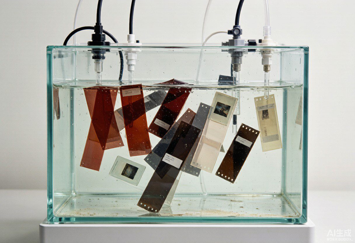 Transparent film samples submerged in glass laboratory water tank for hydrolysis resistance testing