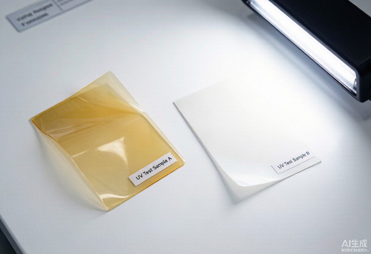 Two yellowed versus clear film samples after UV exposure test on laboratory white surface