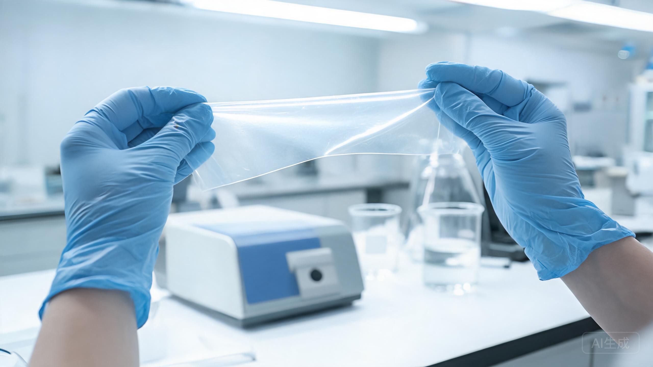 Scientist inspecting a transparent polymer film sample under light in a materials laboratory