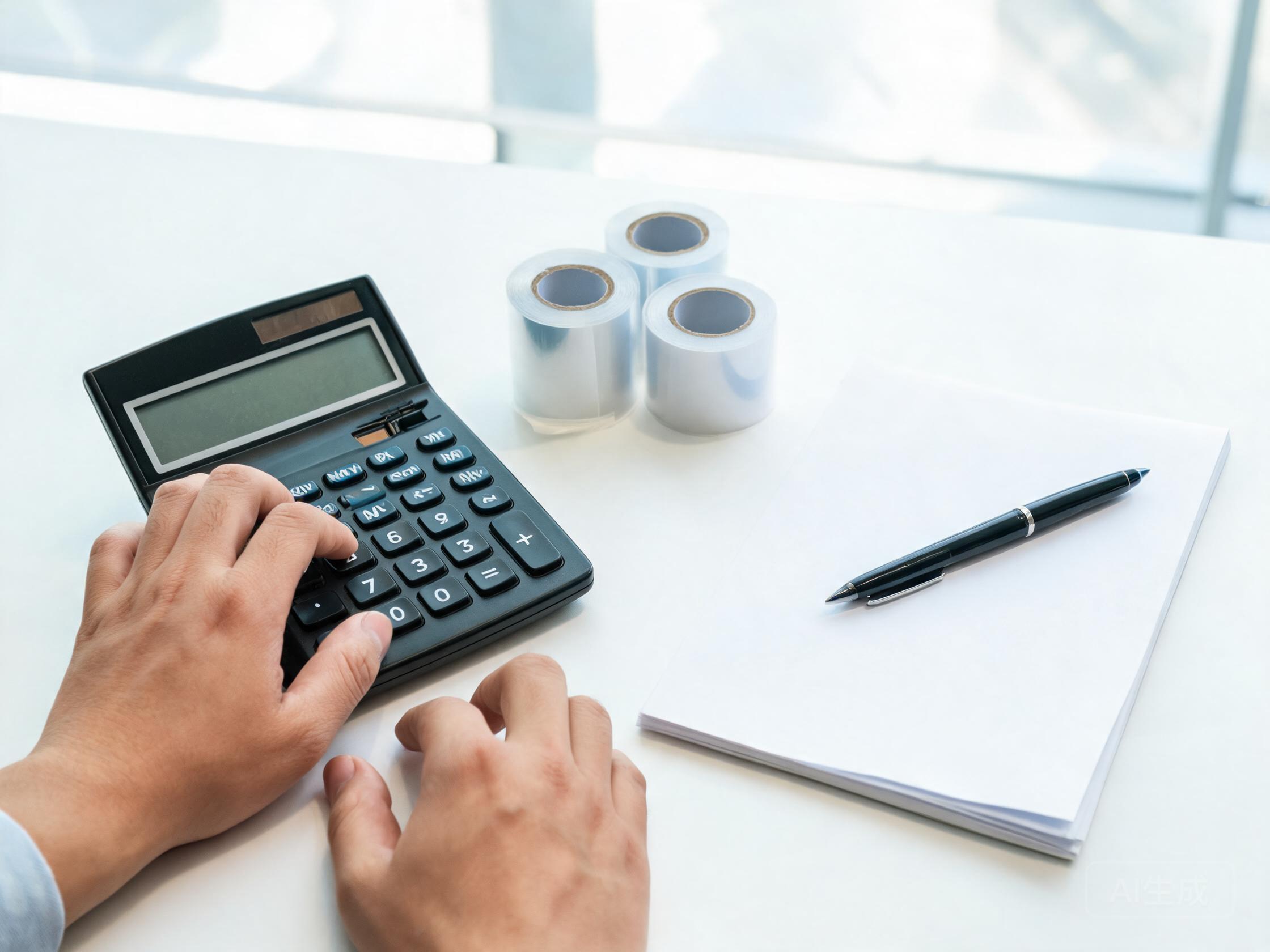 Buyer calculating a PPF order quantity on a calculator beside sample rolls
