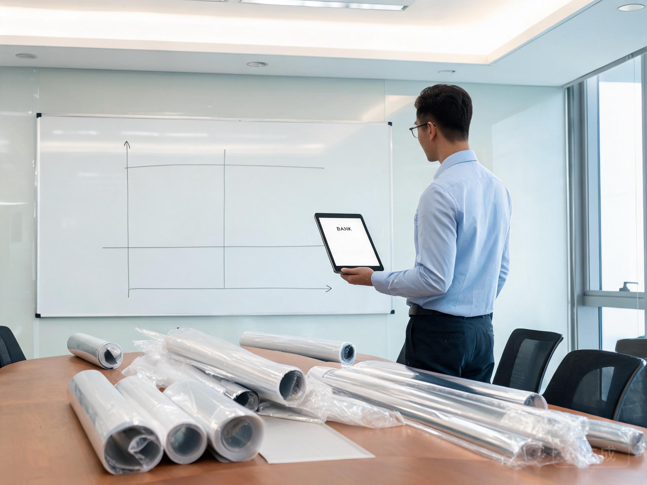 Planner reviewing a demand chart with PPF sample rolls on the table