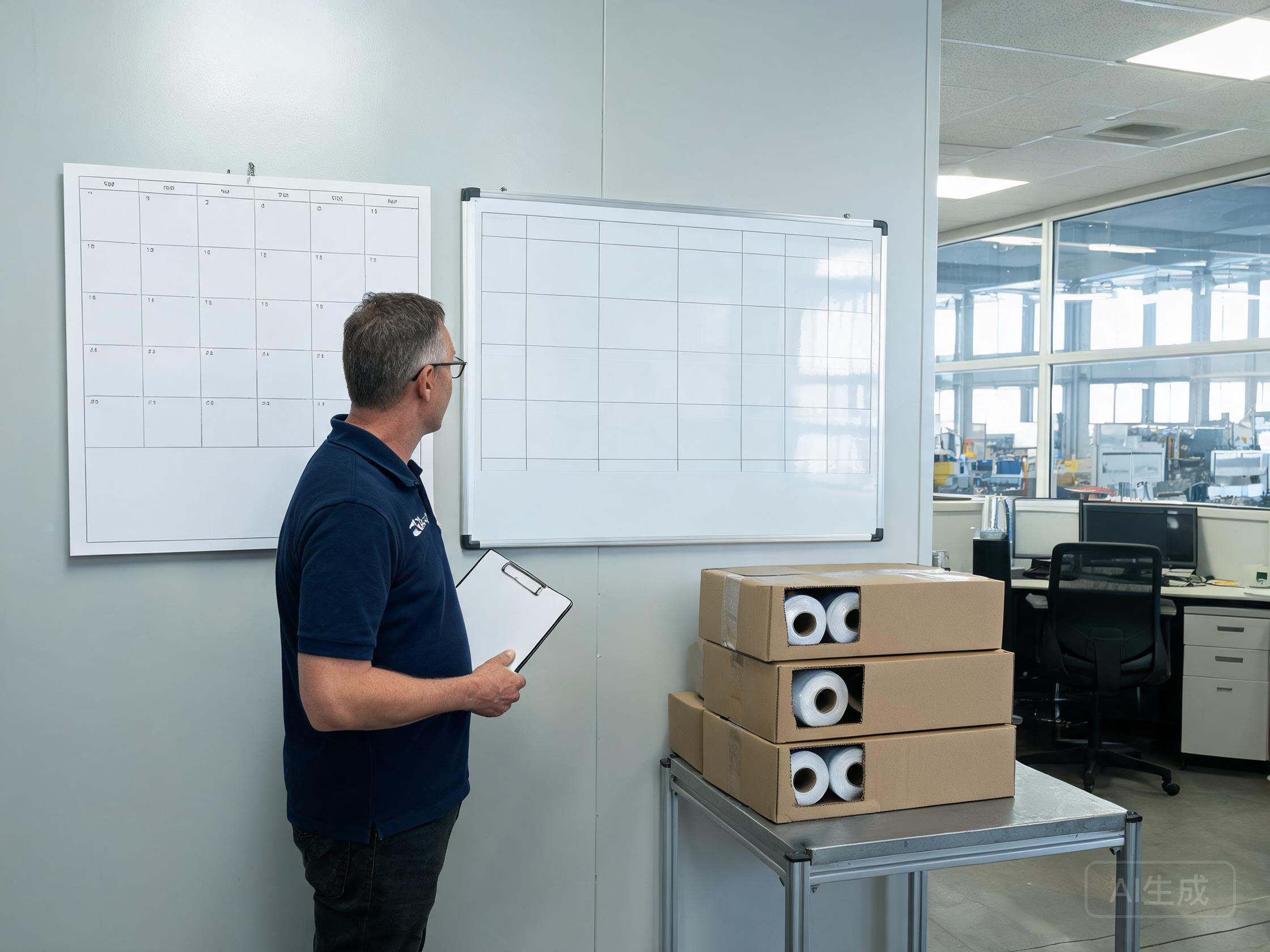 Production scheduler planning lead time with a wall calendar among film boxes