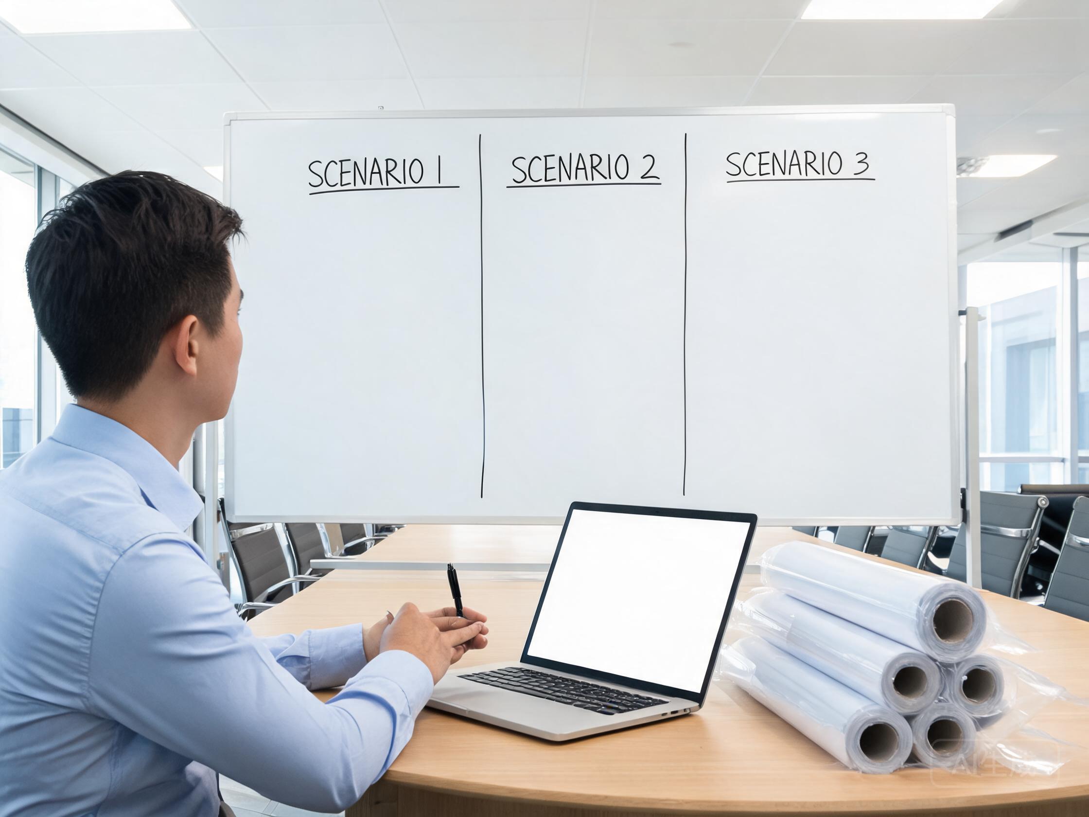 Analyst comparing scenario columns on a whiteboard beside a laptop