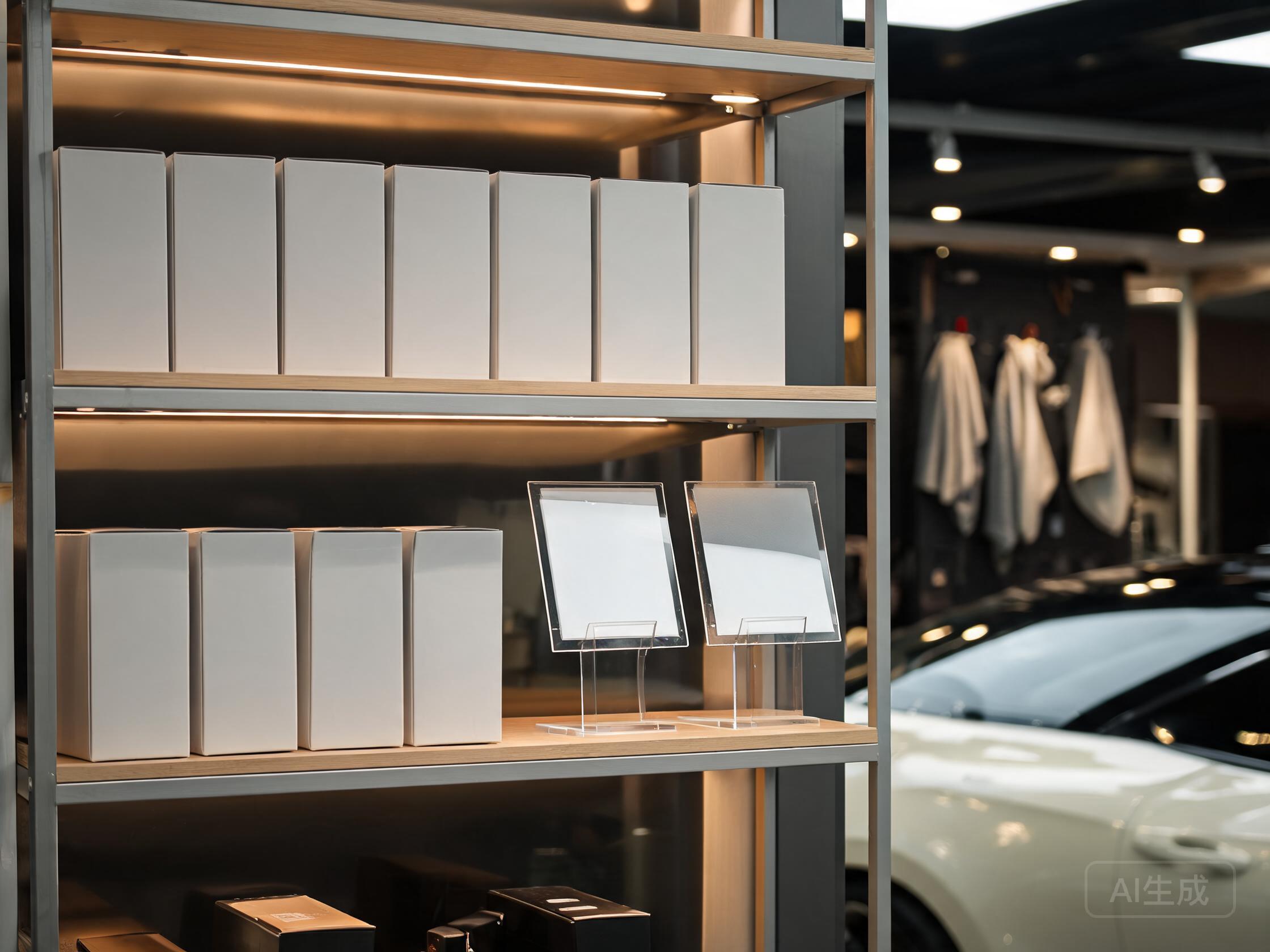 Retail shelf in an auto detailing shop displaying PPF roll boxes for sell-through