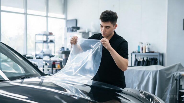 Realistic PPF inspection scene comparing PCU versus TPU protective film clarity and gloss on a car hood.