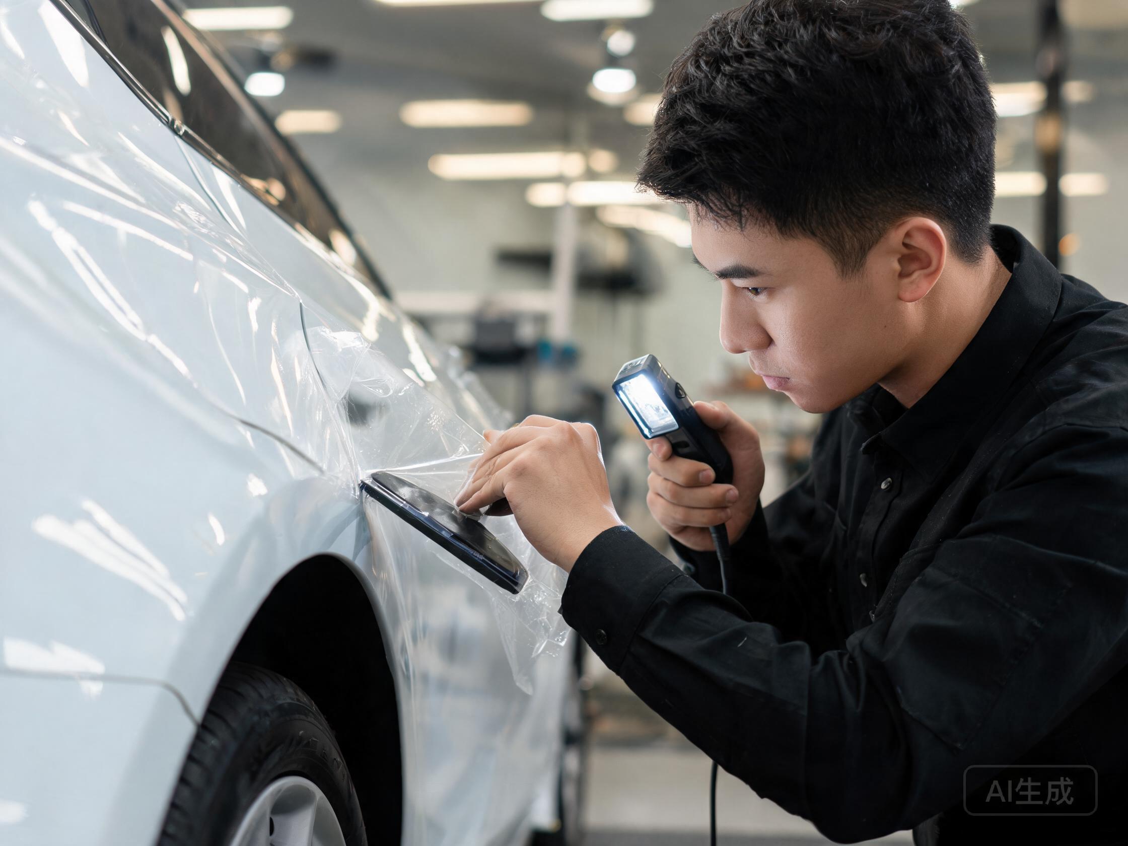 Installer quality check measuring PPF thickness, adhesion, gloss, and edge finish on a vehicle panel.